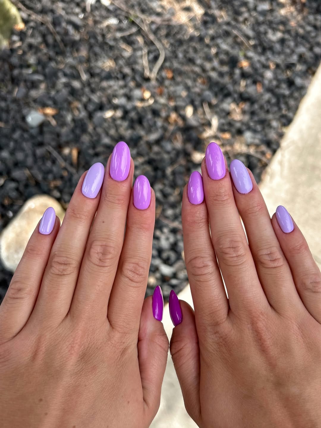 Vibrant Purple Mismatched Glossy Oval Nails