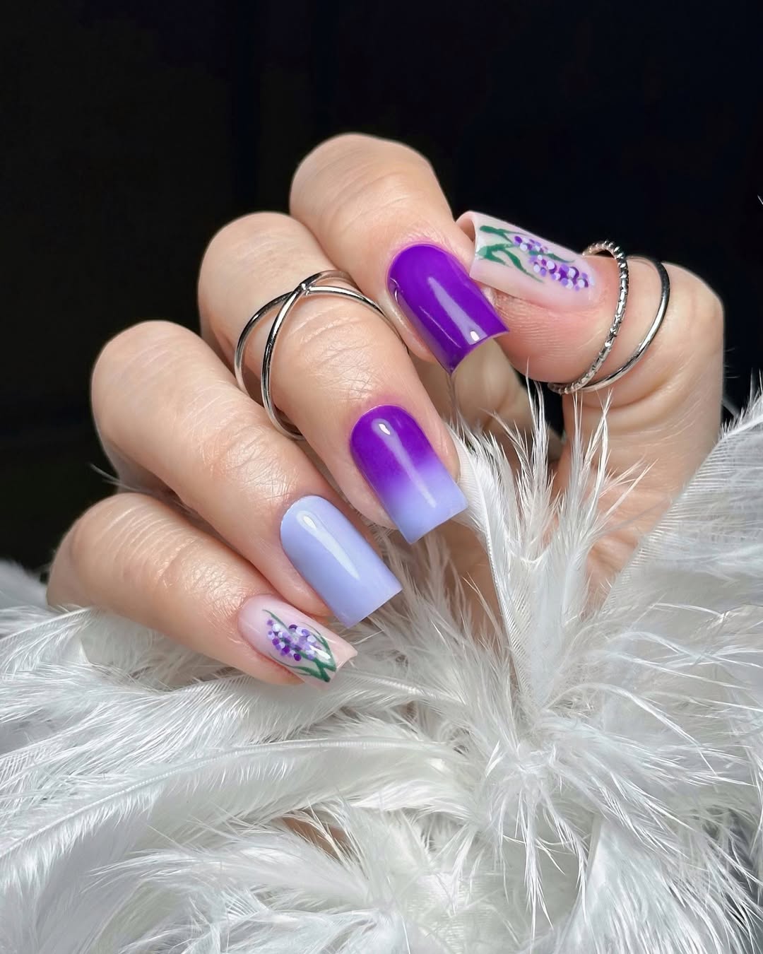 Vibrant Purple Ombré and Lavender Floral Coffin Nails