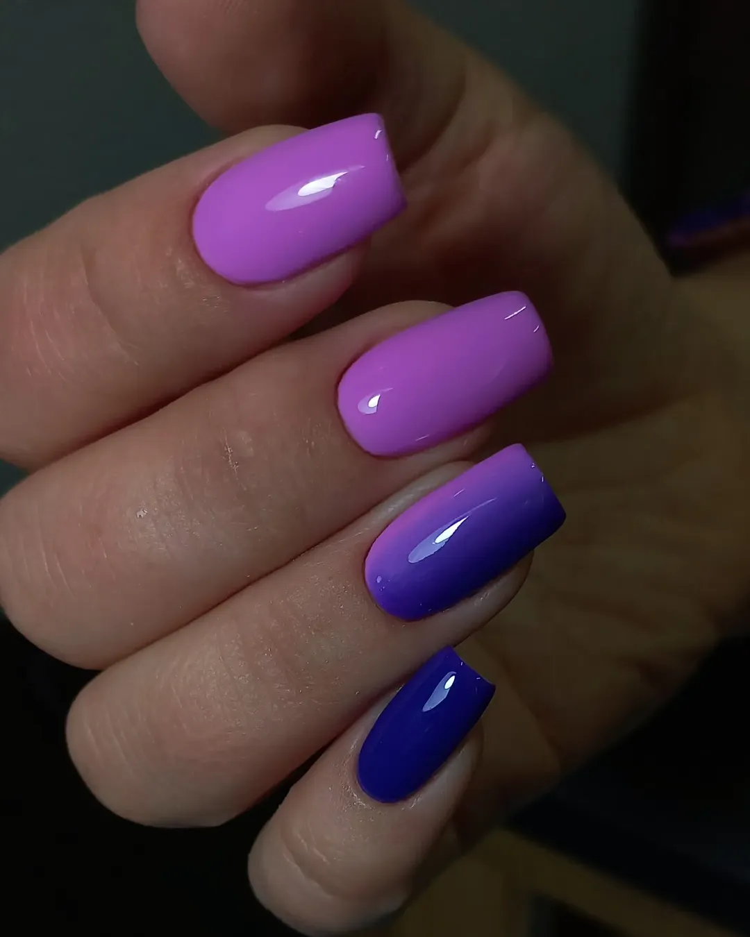 Vibrant Purple Ombré and Solid Glossy Squoval Nails