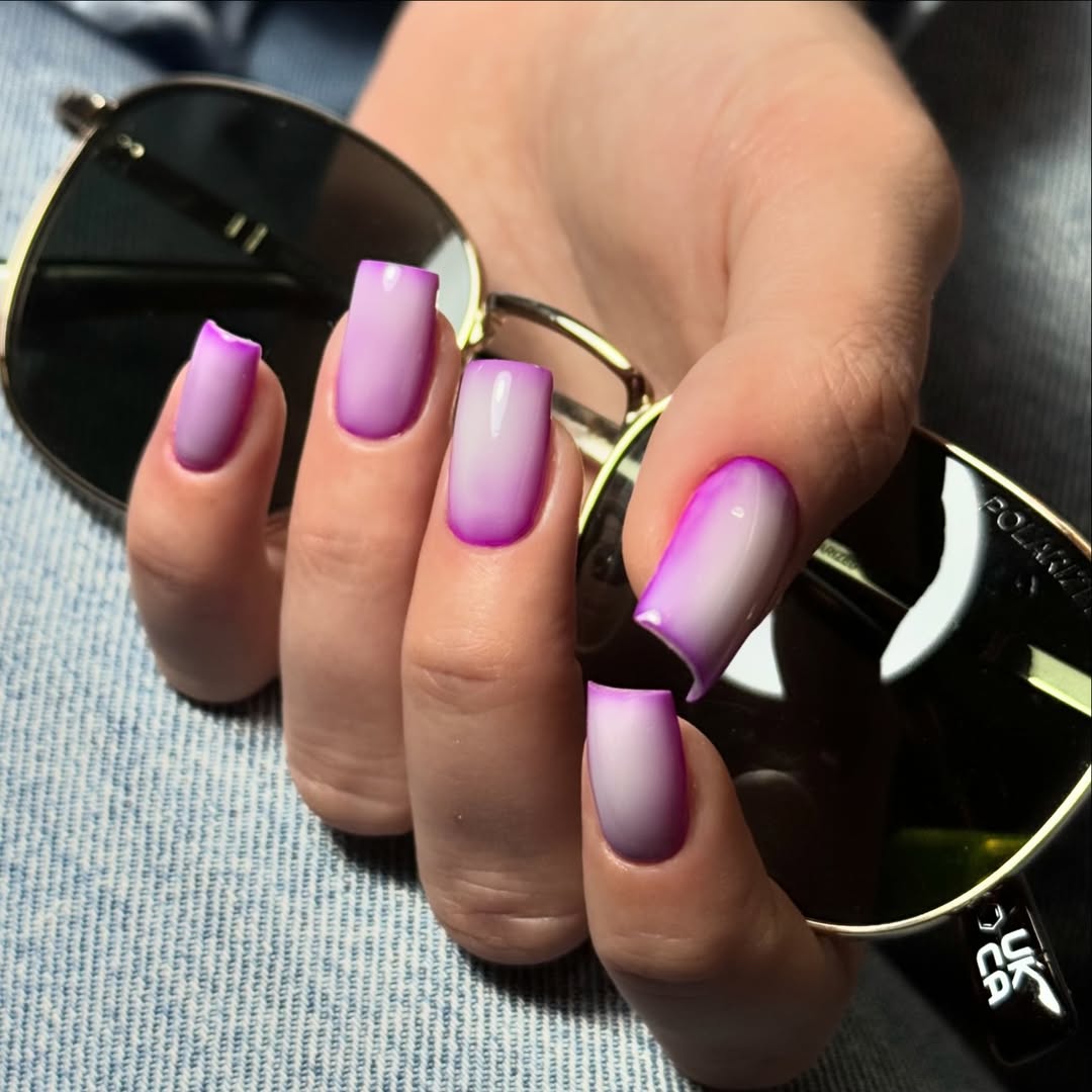 Vibrant Purple Ombré Glossy Squoval Nails