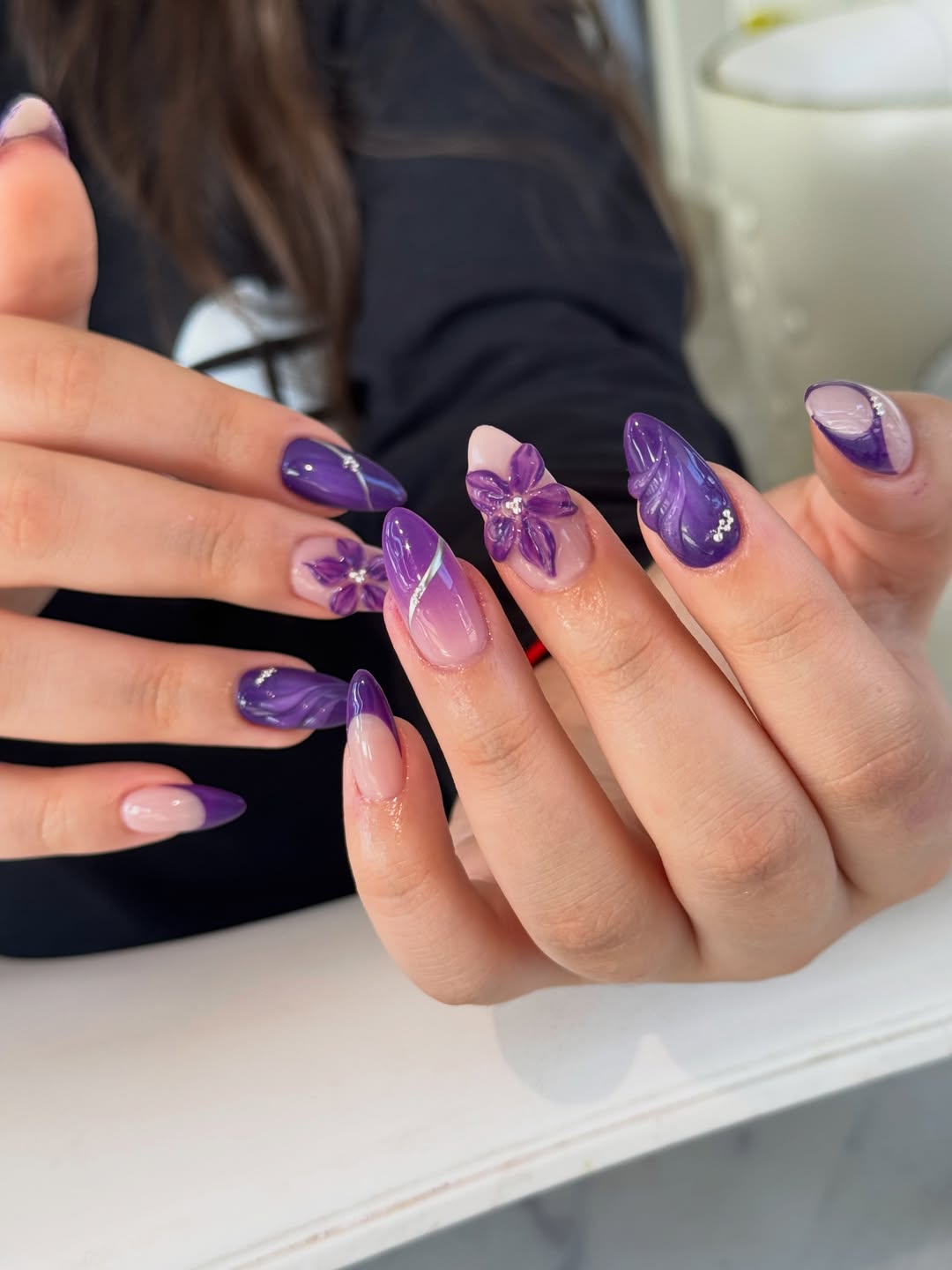 Vibrant Purple Ombre Almond Vacation Nails with 3D Flowers