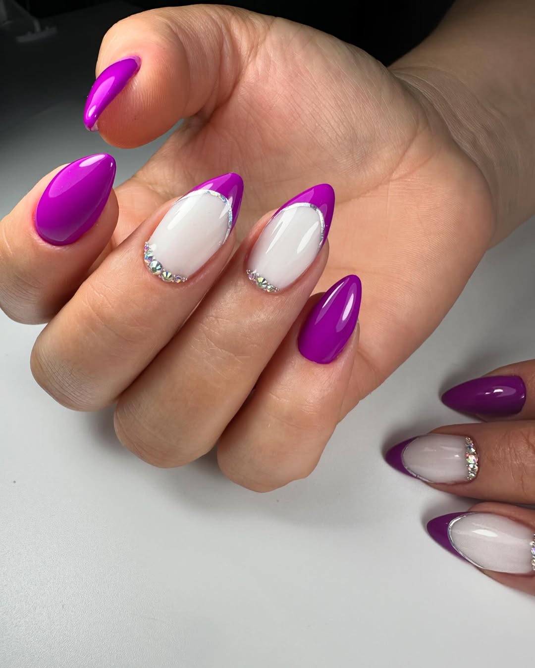 Vibrant Purple Ombre French Tips with Rhinestones
