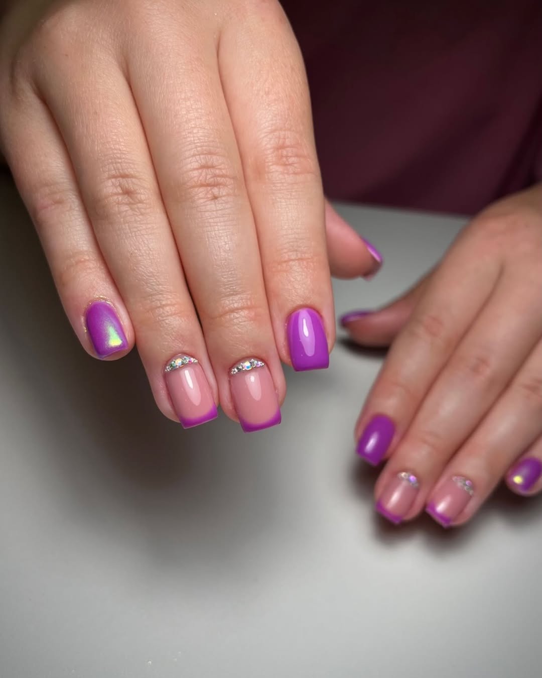 Vibrant Purple Ombre French Tips with Shimmer Accents