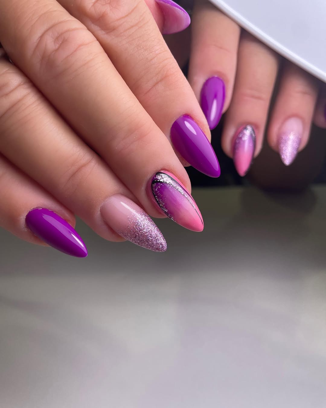 Vibrant Purple Ombre Glitter Stiletto Nails