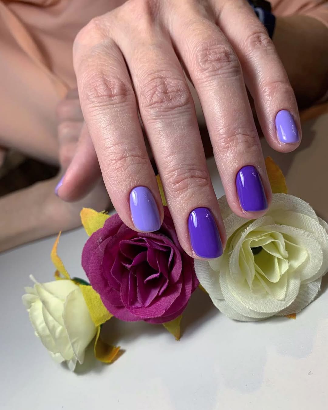 Vibrant Purple Ombre Glossy Squoval Nails