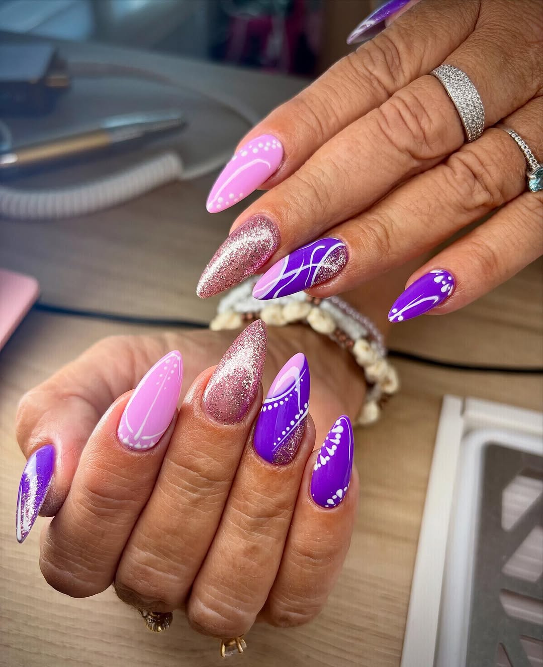 Vibrant Purple Pink Glitter Stiletto Nail Art