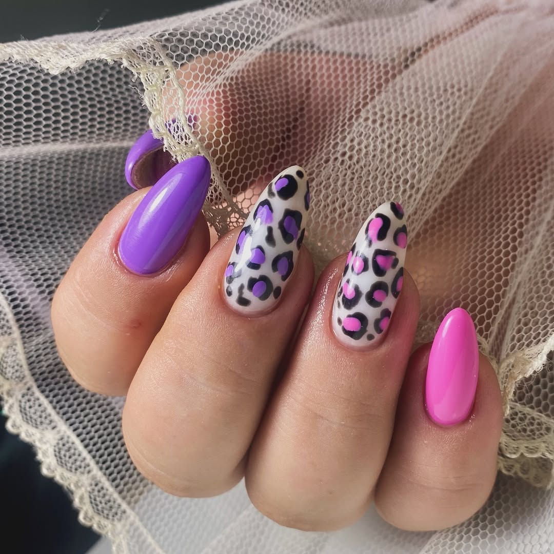 Vibrant Purple Pink Leopard Print Almond Nails