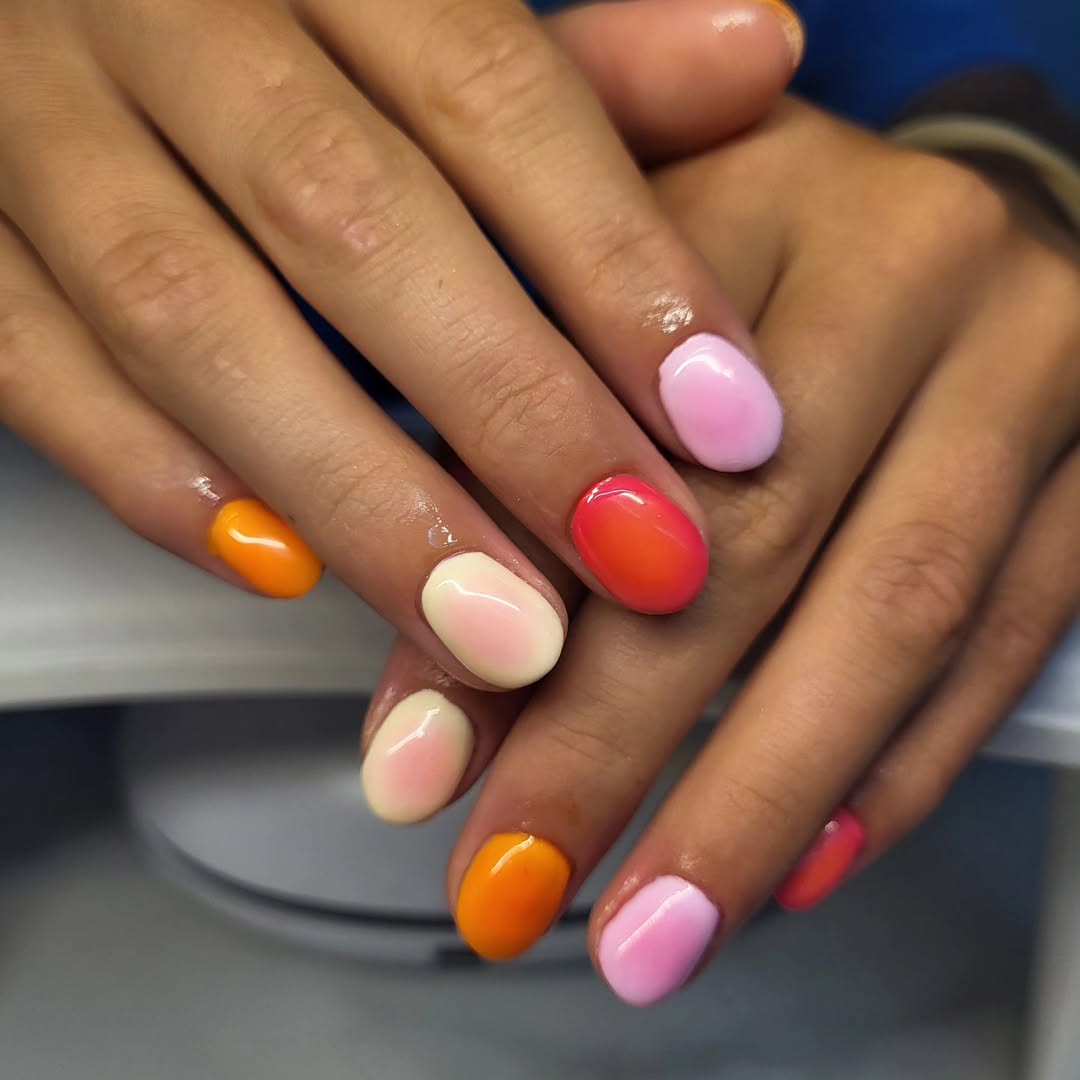 Vibrant Rainbow Aura Gel Short Round Nails