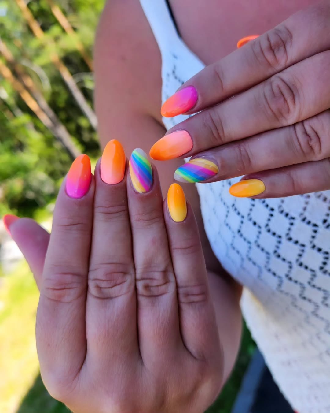 Vibrant Rainbow Stripe and Ombre Almond Gel Nails