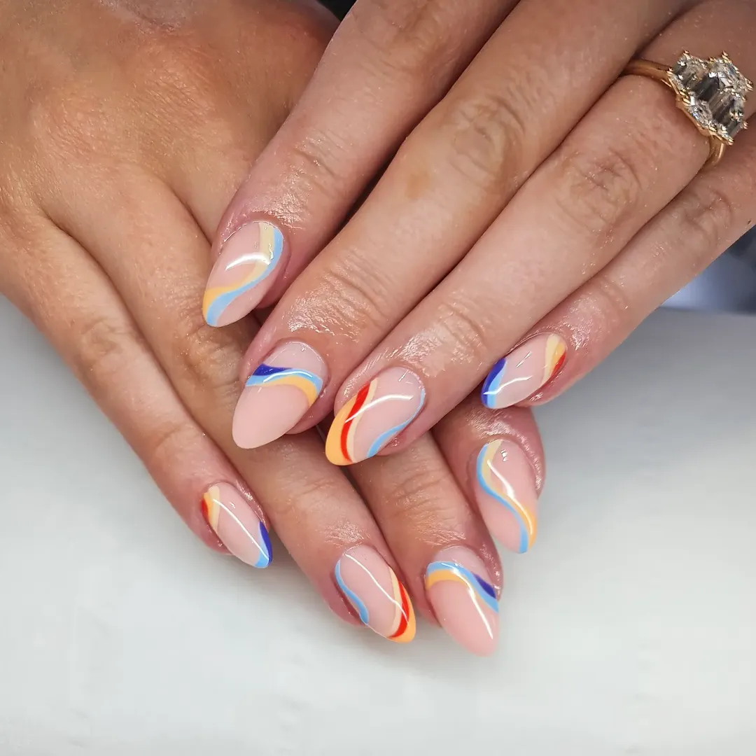 Vibrant Rainbow Wavy Swirl Glossy Almond Nails