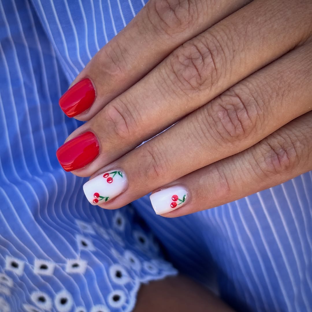 Vibrant Red And White Cherry Blossom Nails
