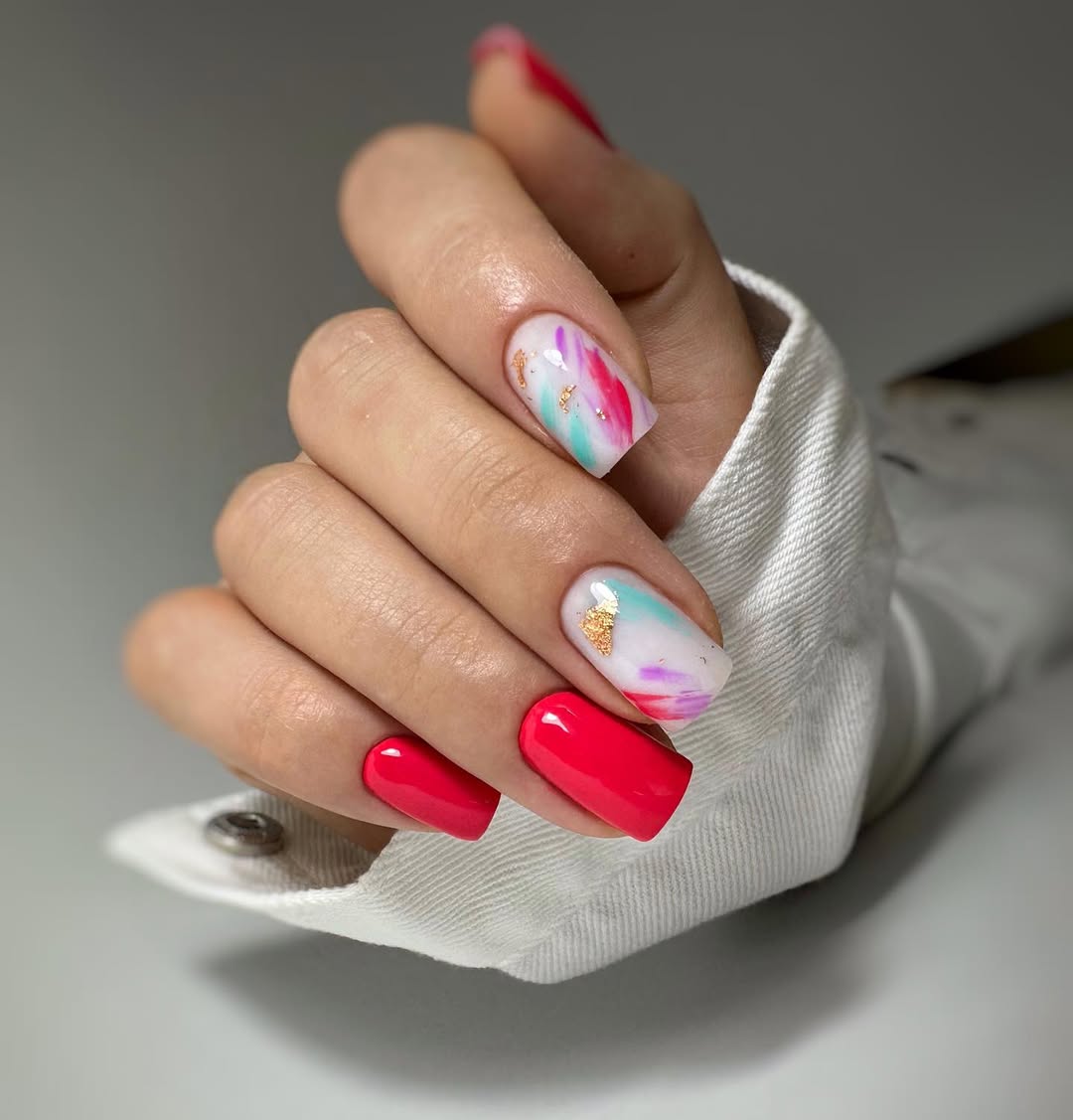 Vibrant Red Artistic Swirls With Gold Flakes
