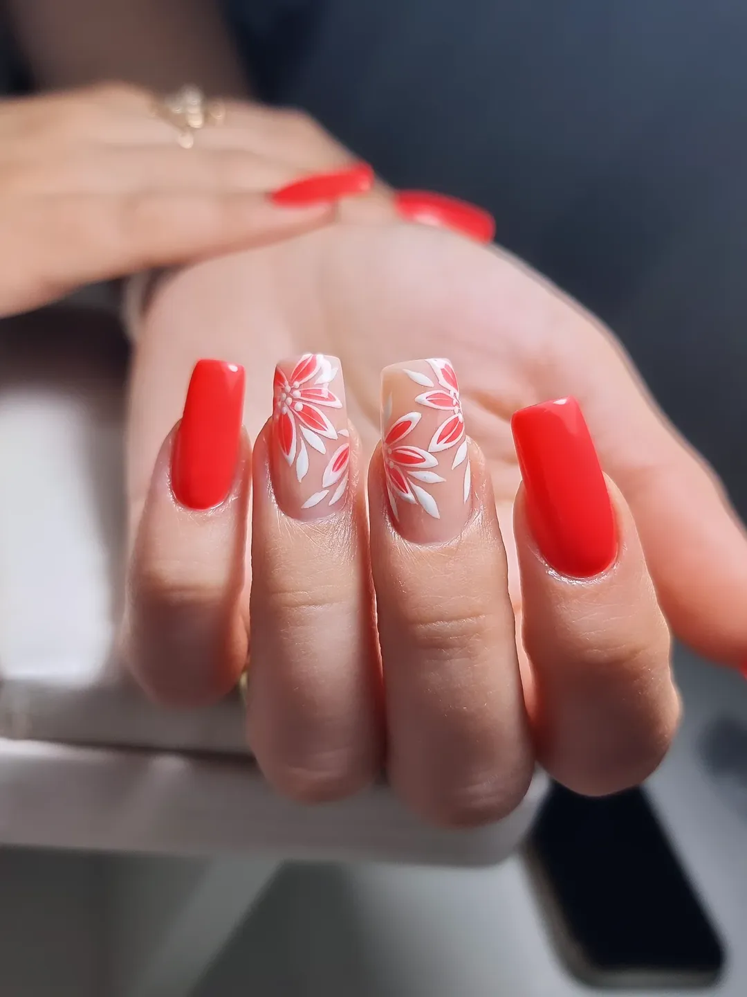 Vibrant Red Florals Long Coffin Acrylic Nails