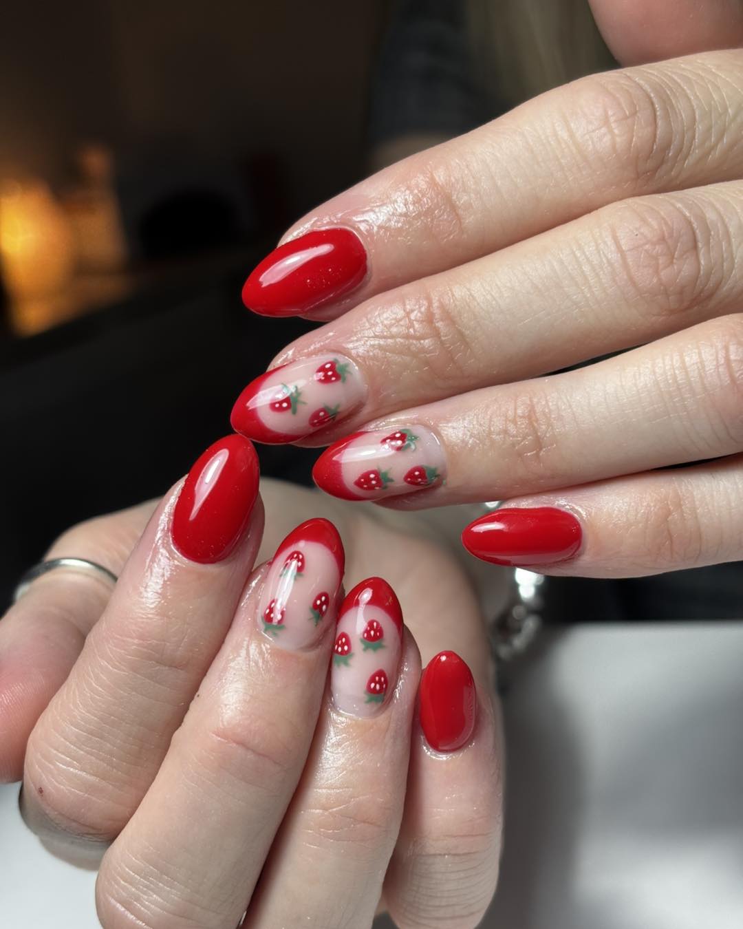 Vibrant Red French Tips With Strawberry Decals