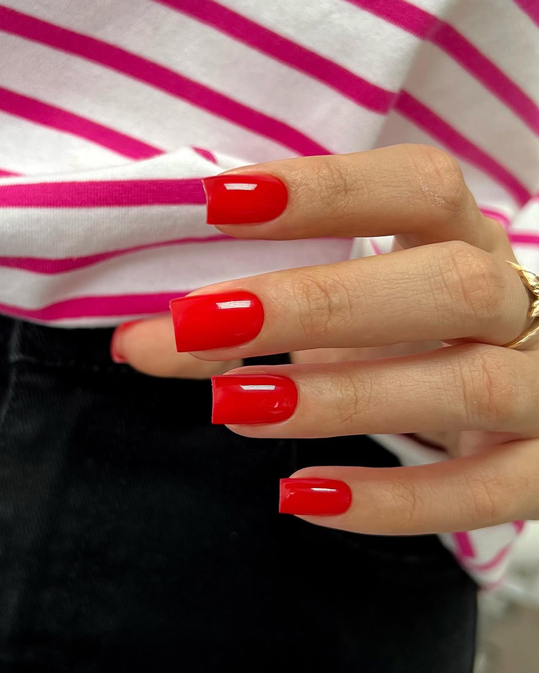 Vibrant Red Glossy Short Square Nails