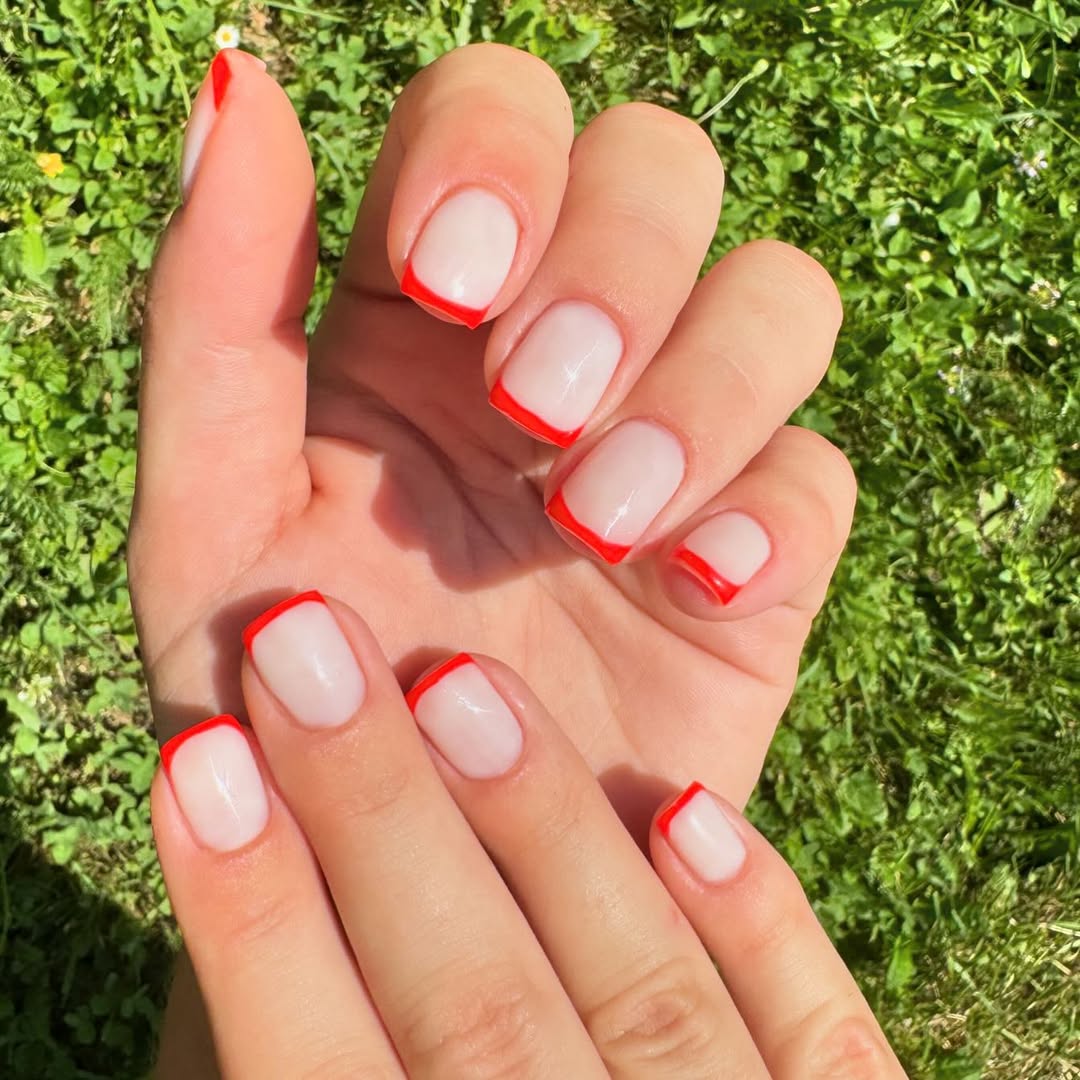 Vibrant Red Micro French Manicure Short Squoval Nails