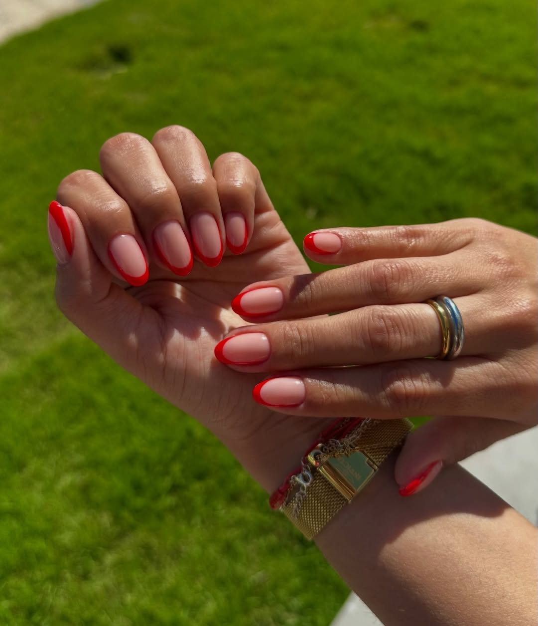 Vibrant Red Micro French Oval Nails