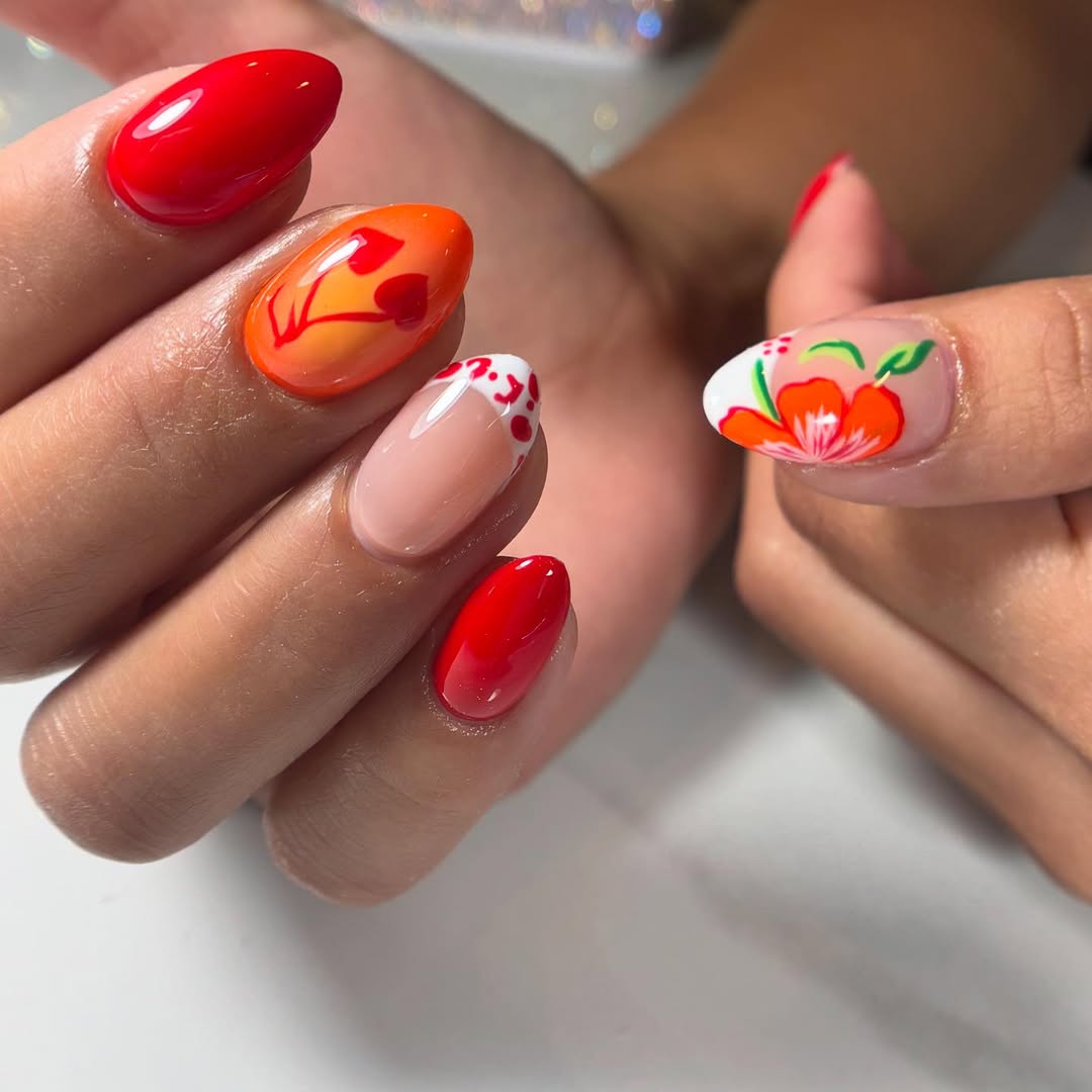 Vibrant Red Orange Floral Abstract Art Almond Nails