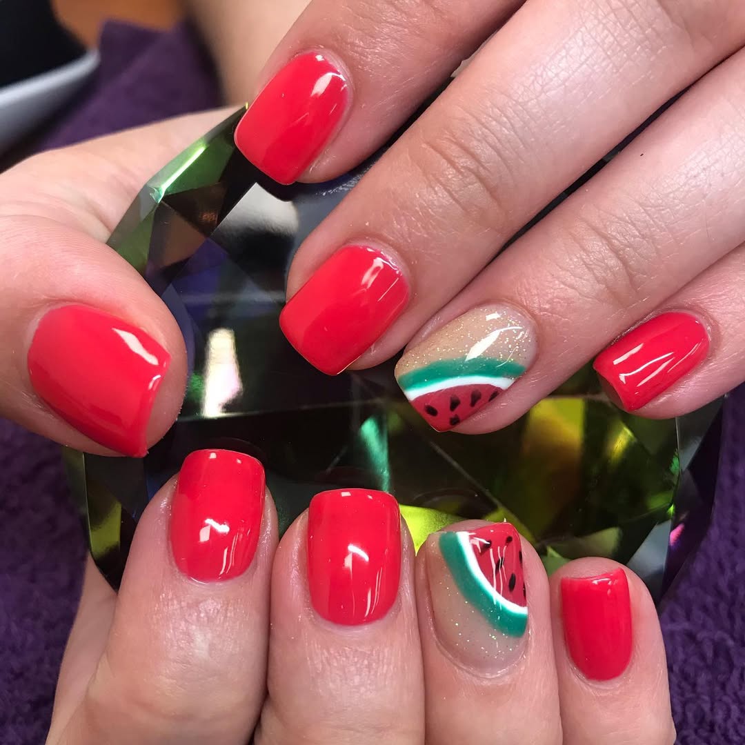Vibrant Red Watermelon Themed Summer Nails