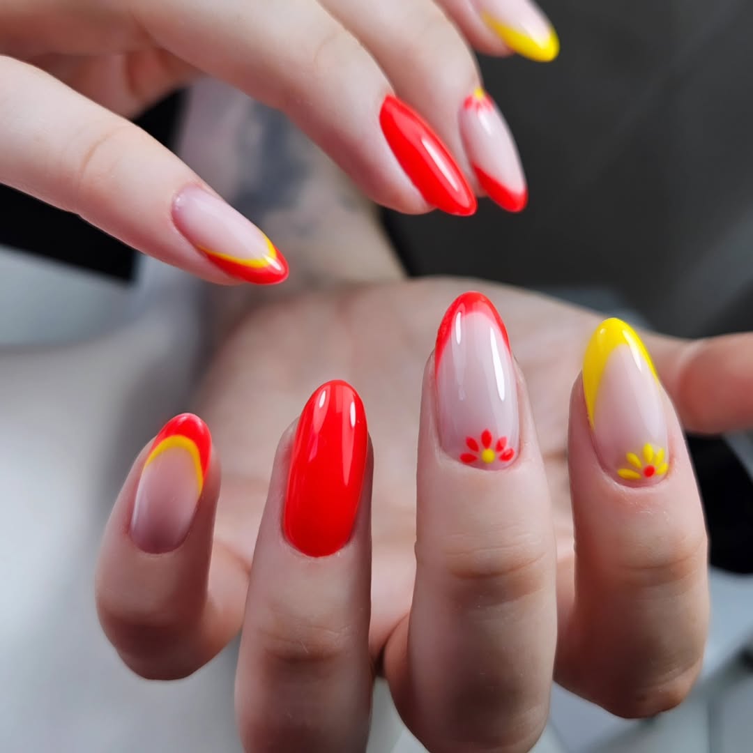 Vibrant Red Yellow Floral Almond French Tip