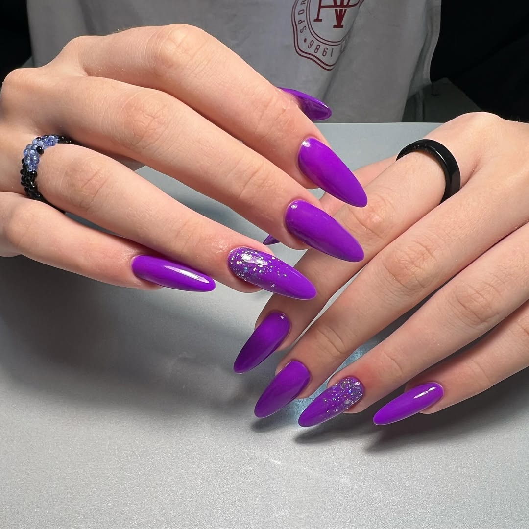 Vibrant Royal Violet Glitter Accent Stiletto Nails