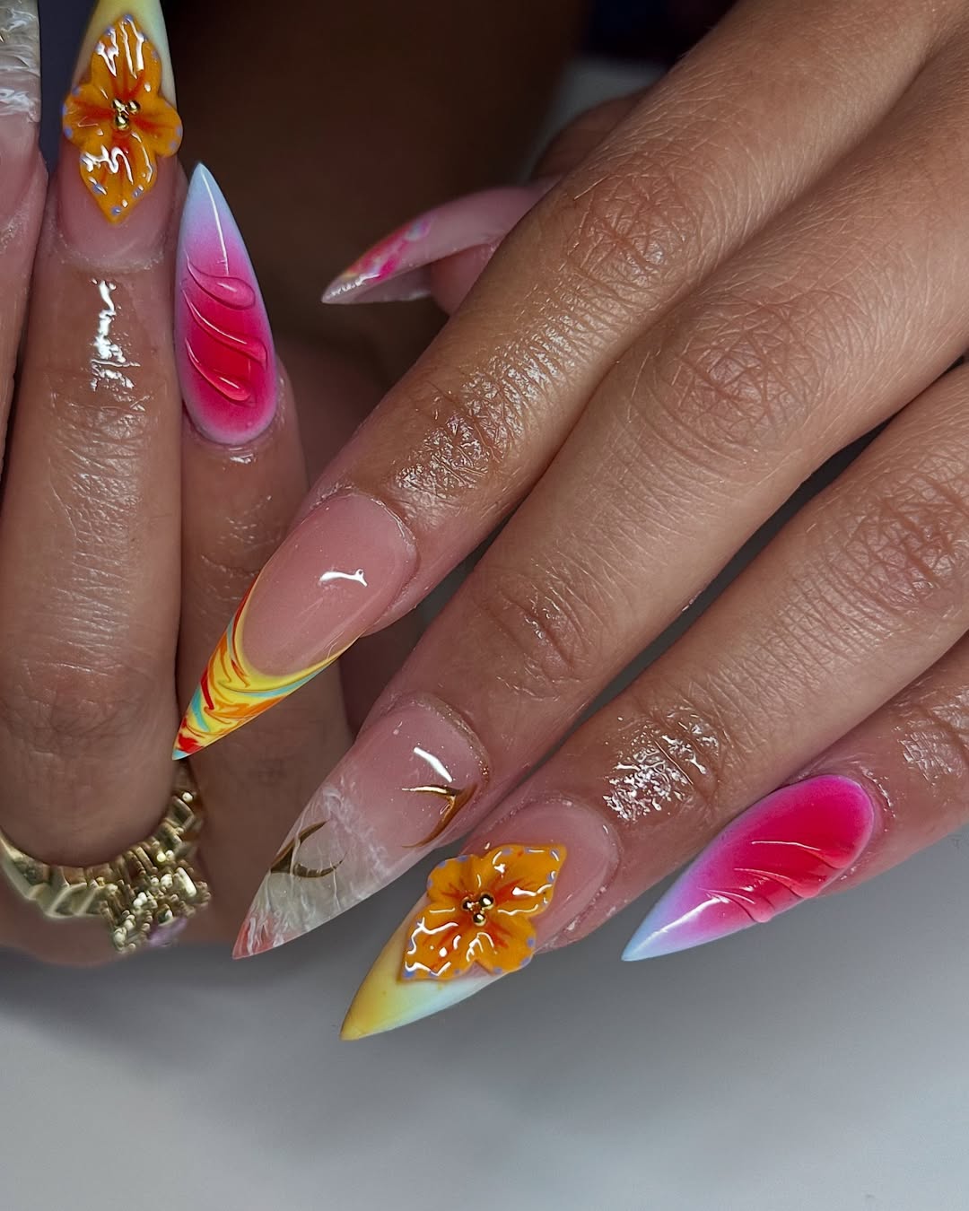 Vibrant Stiletto 3D Floral Summer Sunset Nails