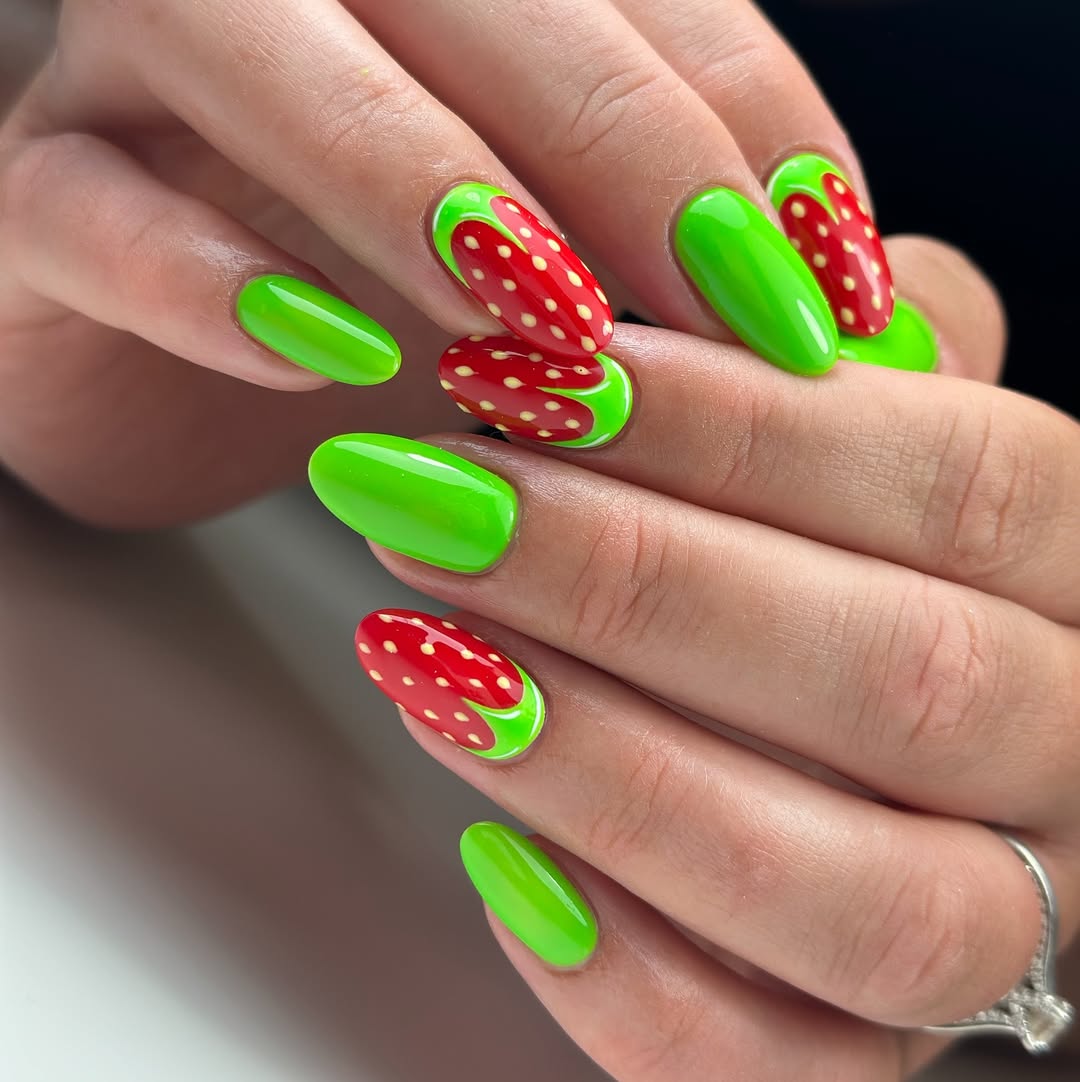 Vibrant Strawberry Kawaii Green And Red Oval Nails