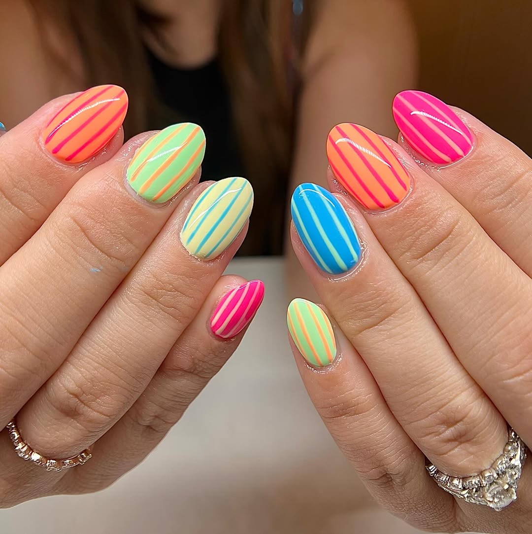 Vibrant Striped Almond Short Neon Mix Match