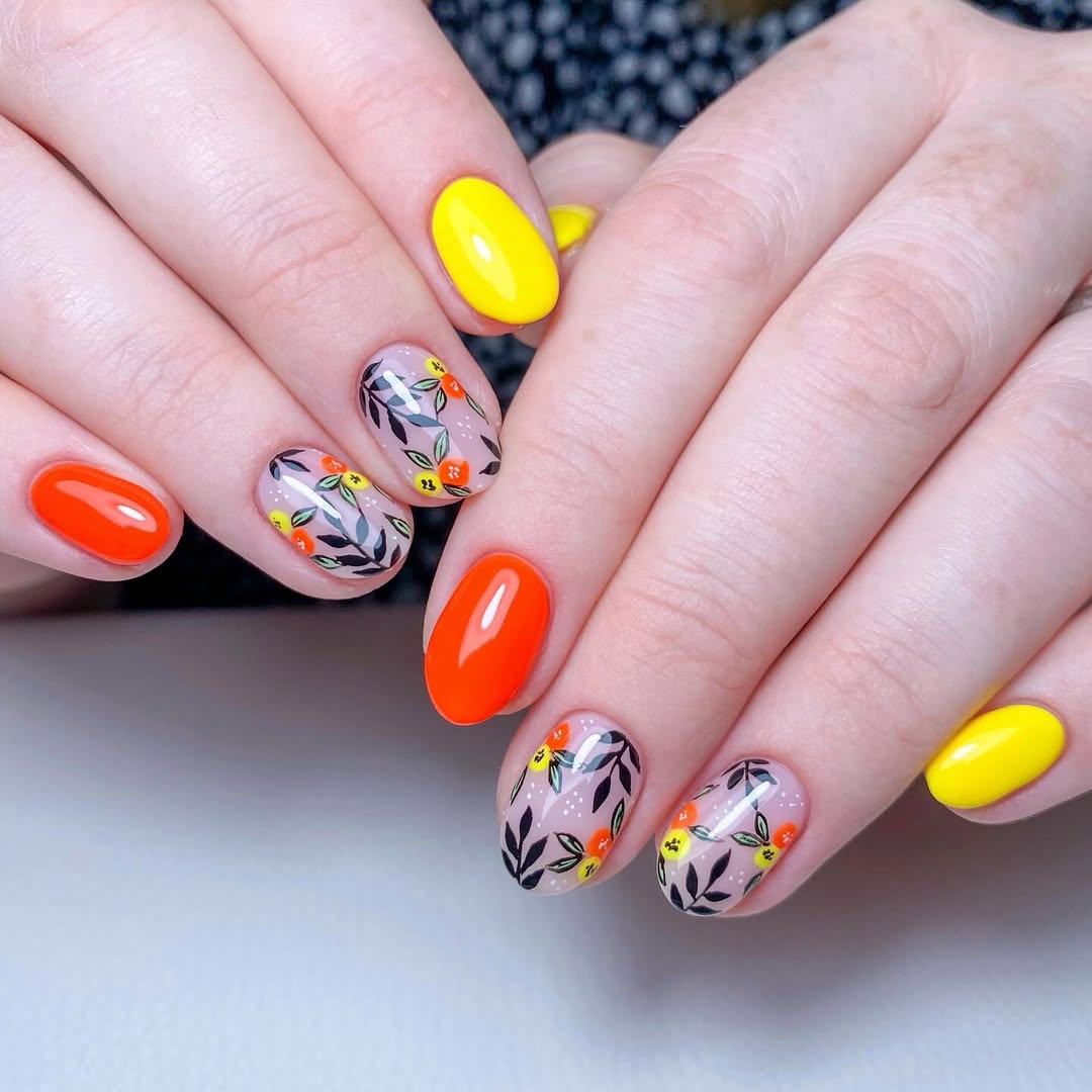 Vibrant Summer Floral Accent Nails with Bright Solids