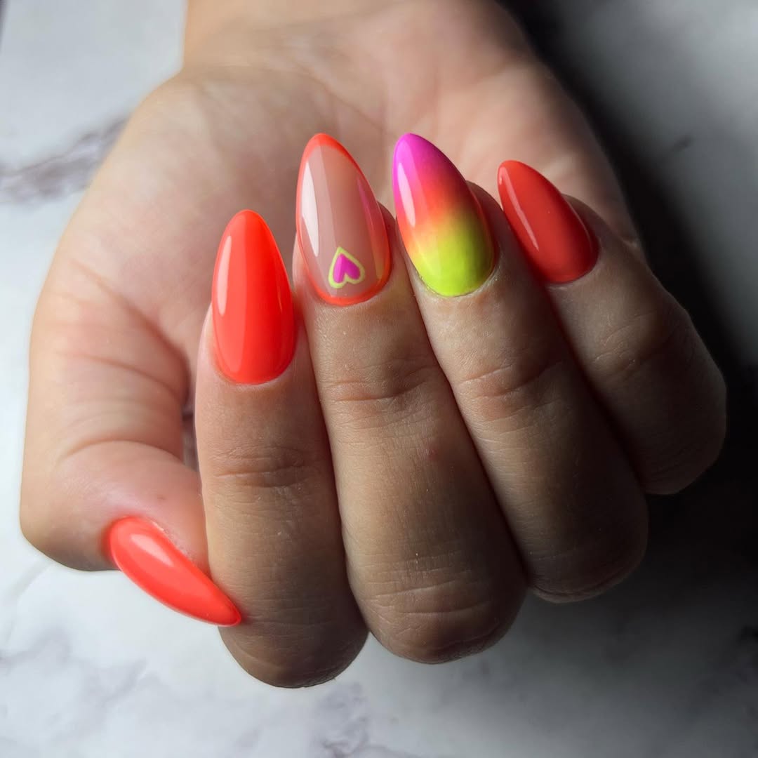 Vibrant Sunset Ombré and Neon Heart Almond Nails