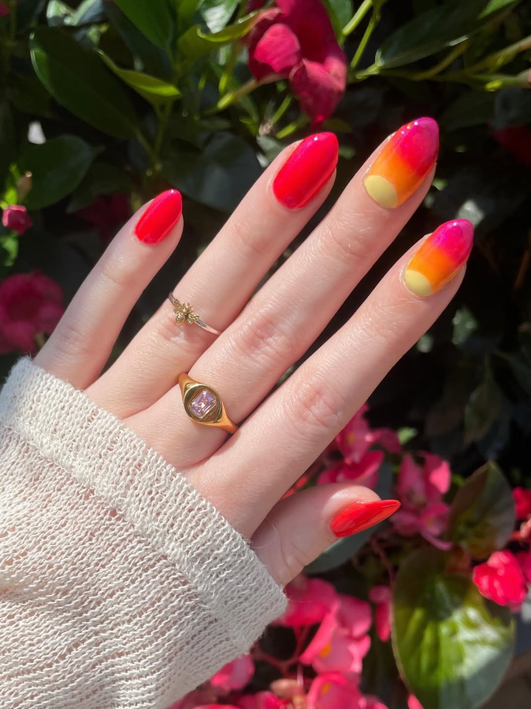 Vibrant Sunset Ombre Almond Nails With Hot Pink Accents