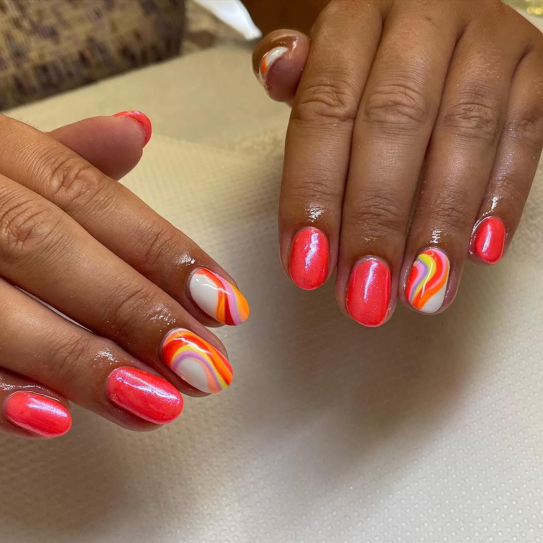 Vibrant Swirl Accent Coral Orange Short Oval Nails
