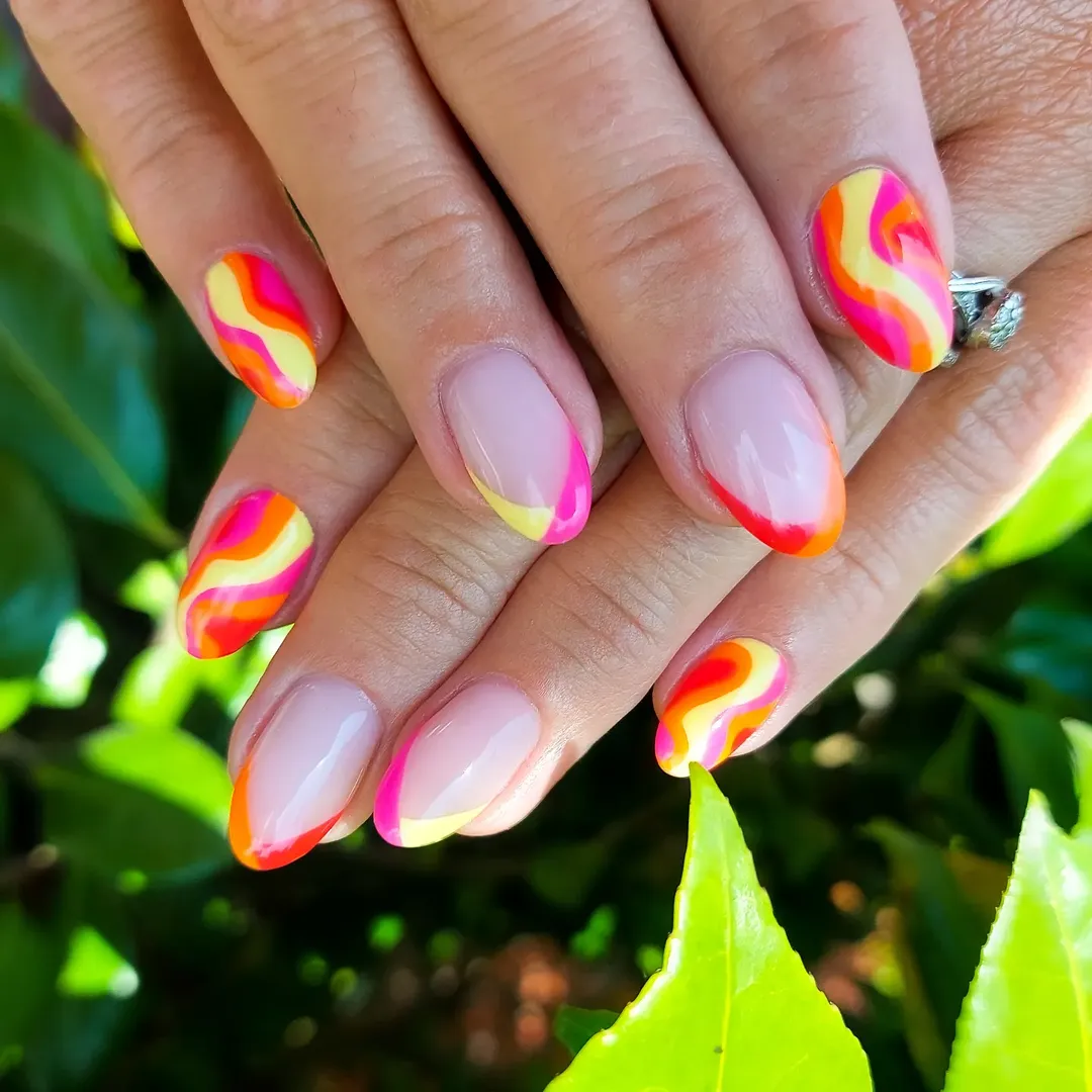Vibrant Swirl Neon French Tip Almond Nails