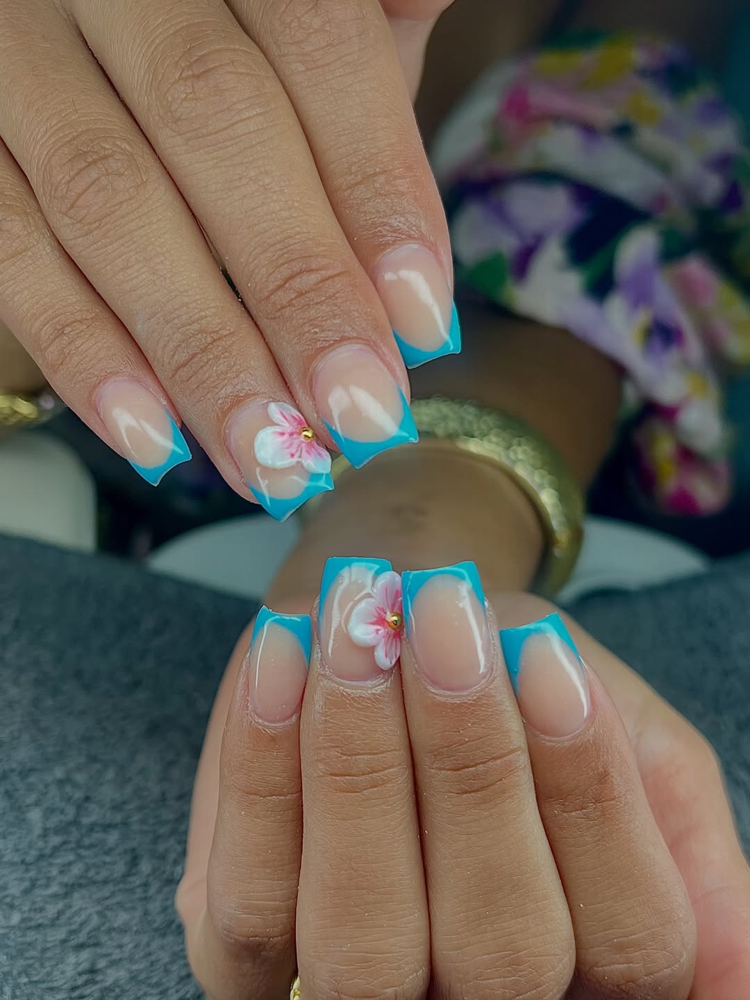 Vibrant Teal French Tips with 3D Floral Accent Square Nails