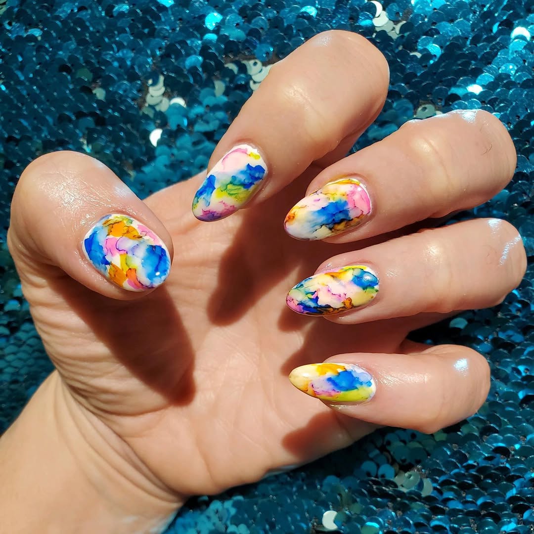 Vibrant Watercolor Colorful Abstract Almond Nails