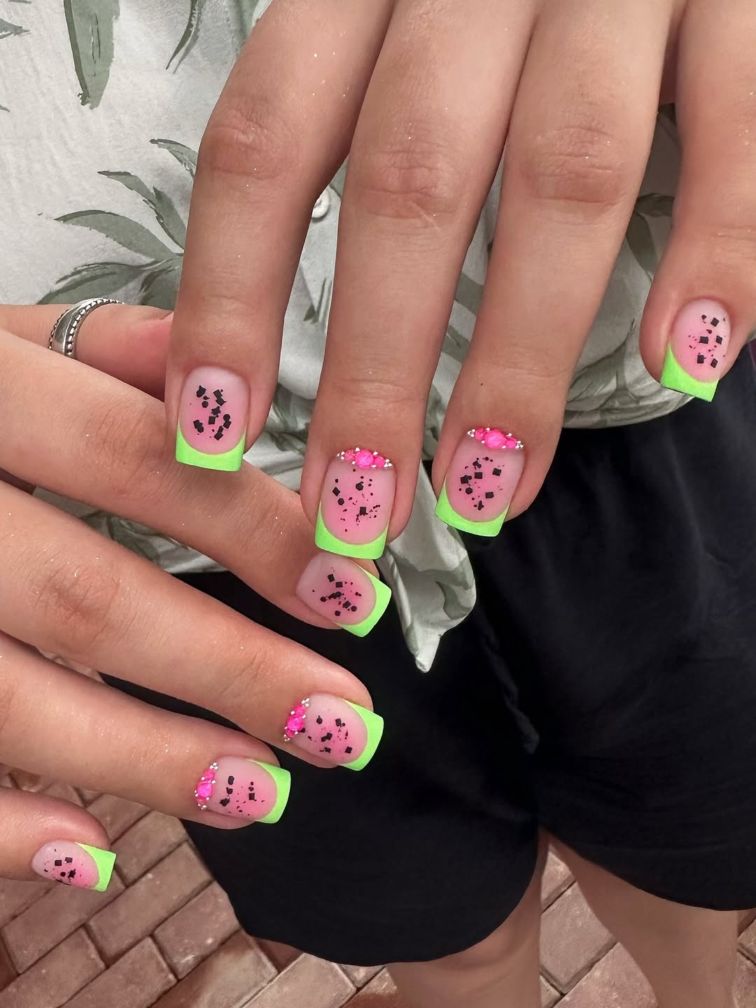 Vibrant Watermelon French Tips with Neon Green