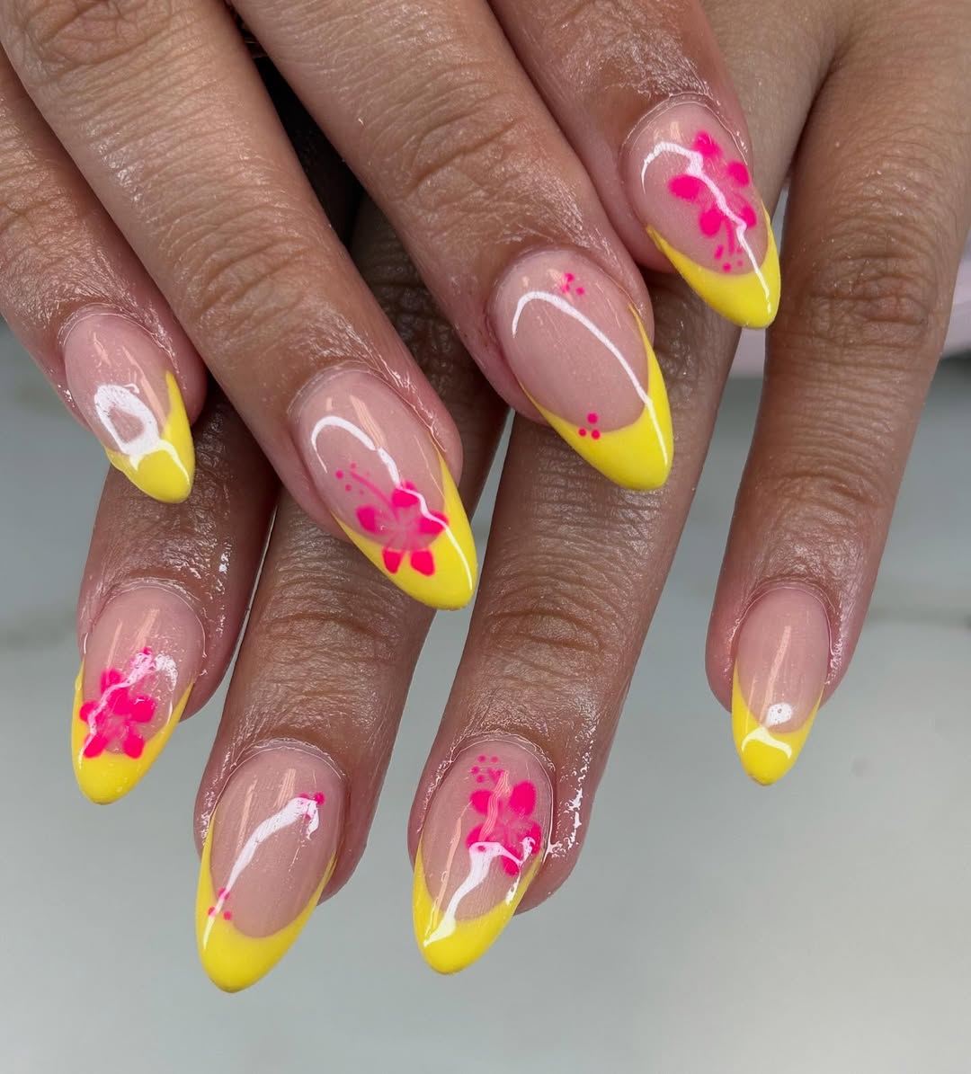 Vibrant Yellow French Tips With Hot Pink Hibiscus Art