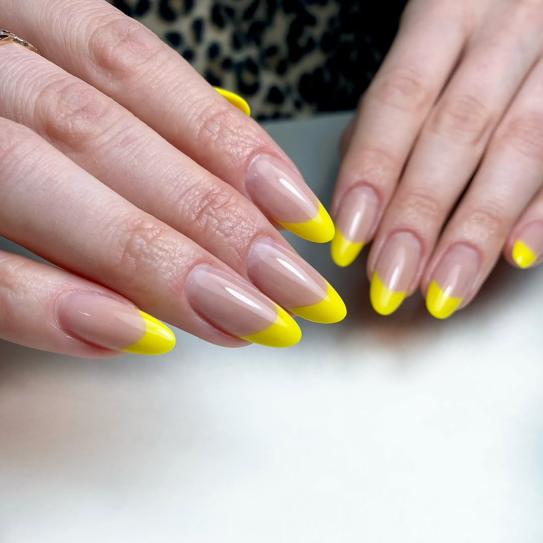 Vibrant Yellow Glossy Almond French Tips