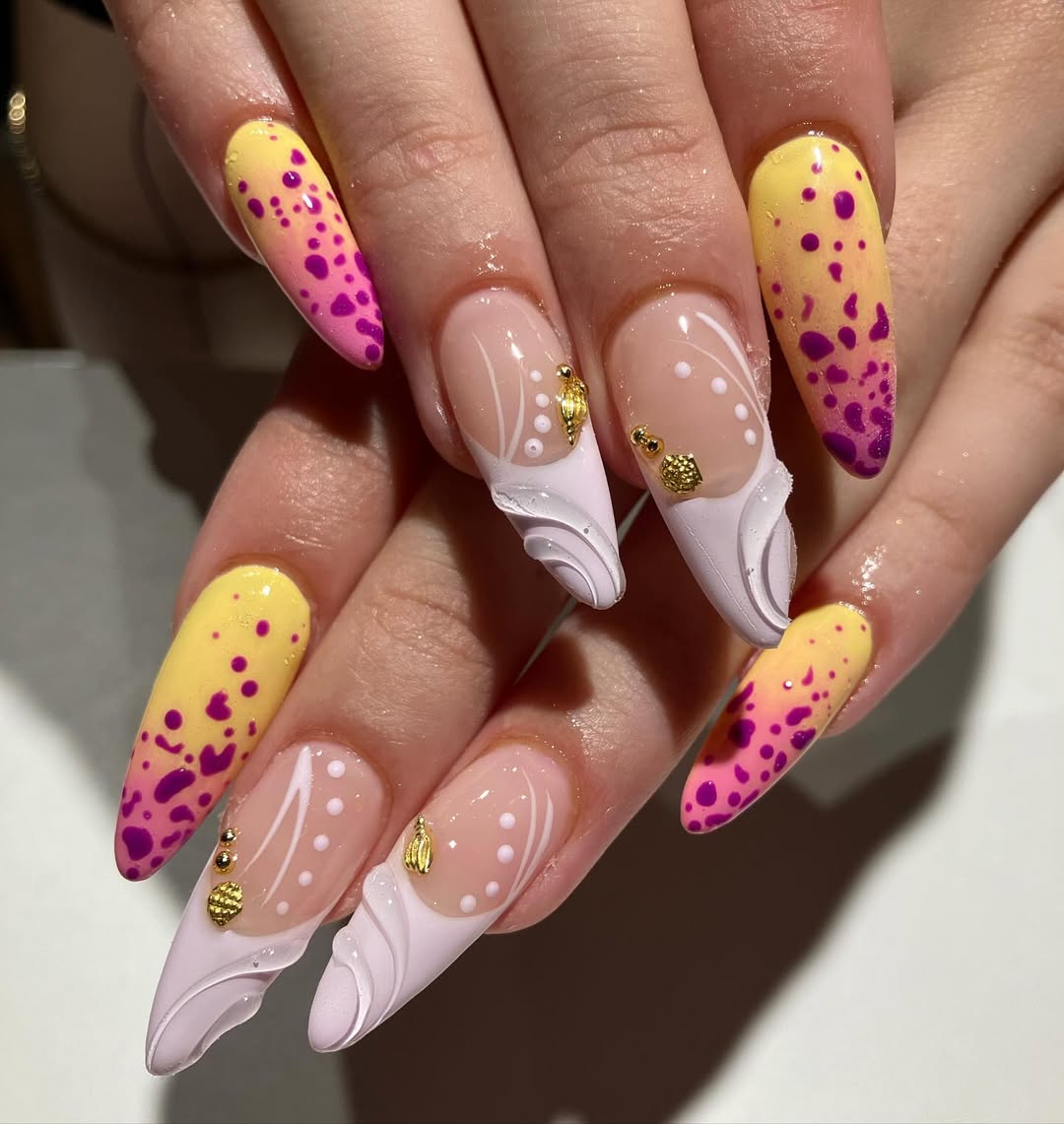Vibrant Yellow Magenta Speckle and 3D Wave Stiletto Nails