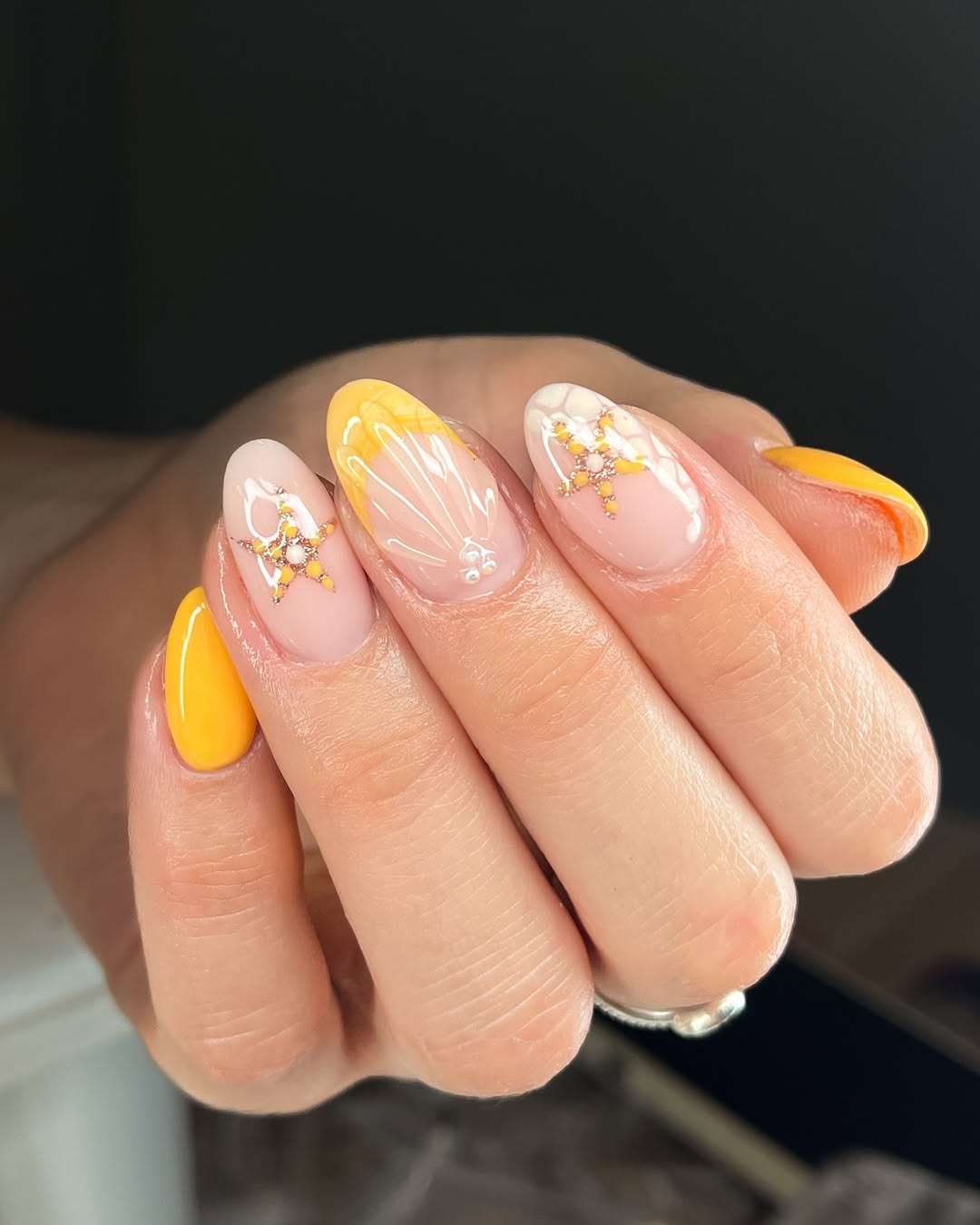 Vibrant Yellow Ombre and Seashell Summer Nails
