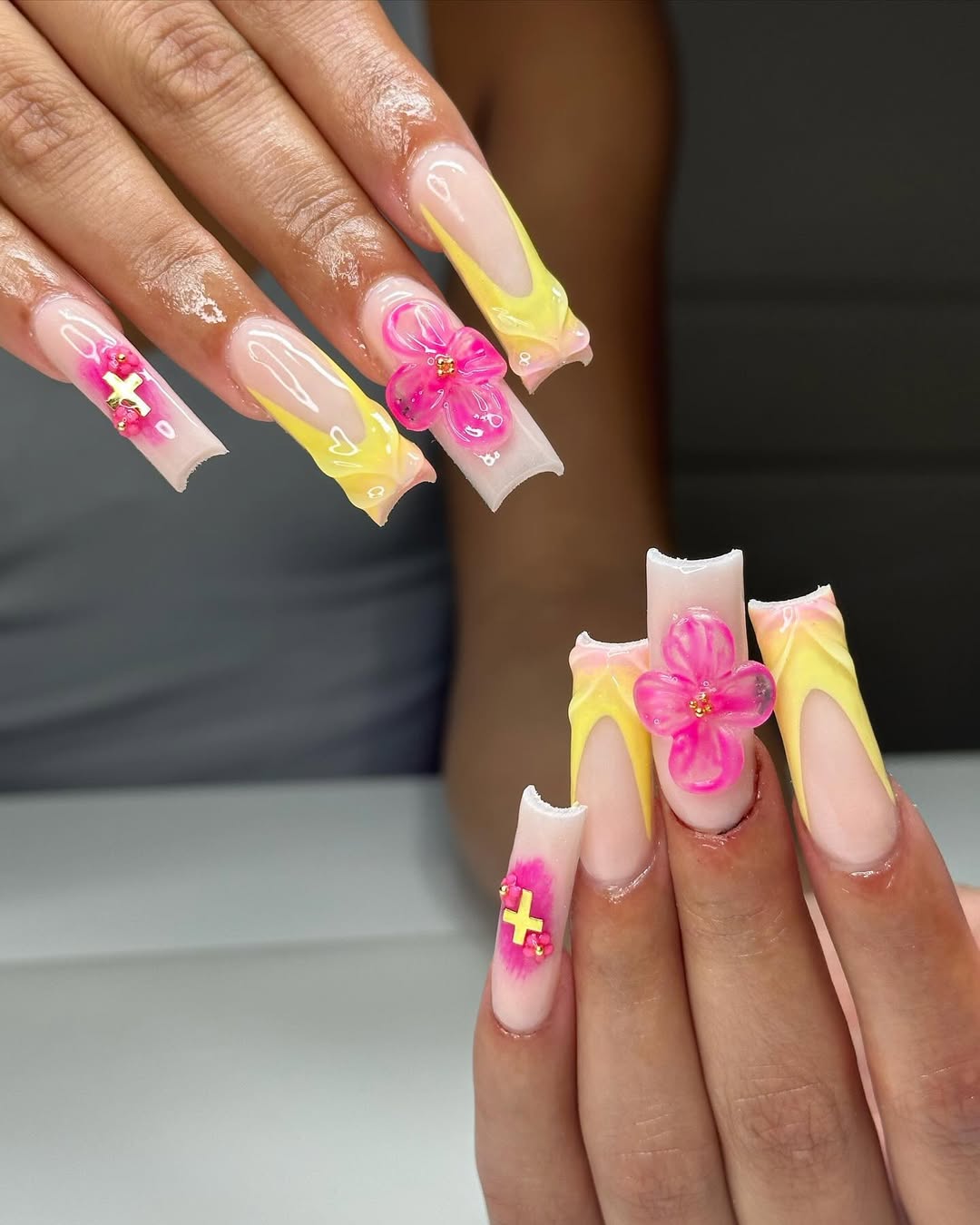 Vibrant Yellow Tips with 3D Pink Floral Accents