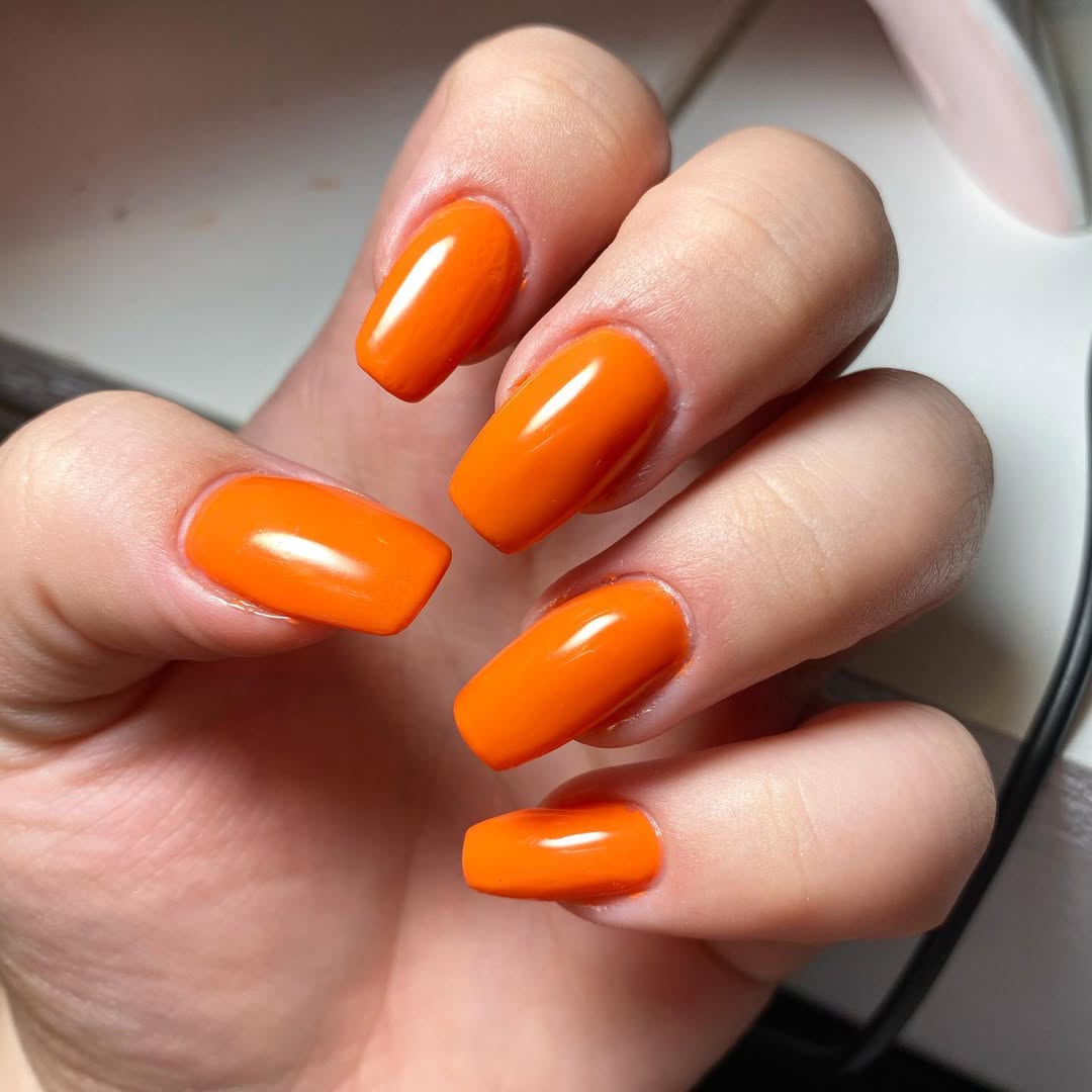 Vivid Glossy Orange Gel Long Squoval Nails