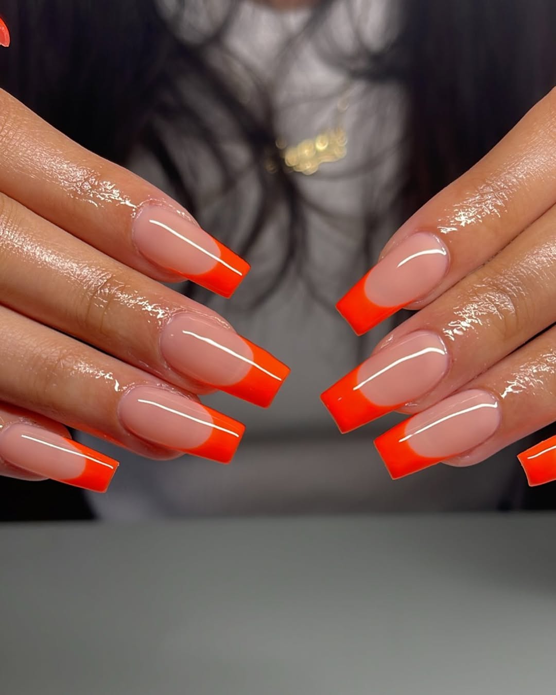Vivid Neon Orange Glossy French Tips Coffin