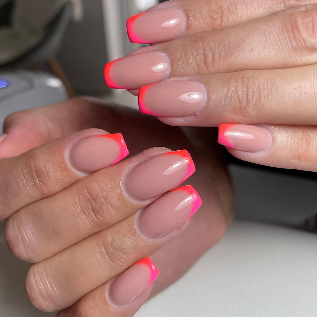 Vivid Neon Pink Orange Gradient French Tips