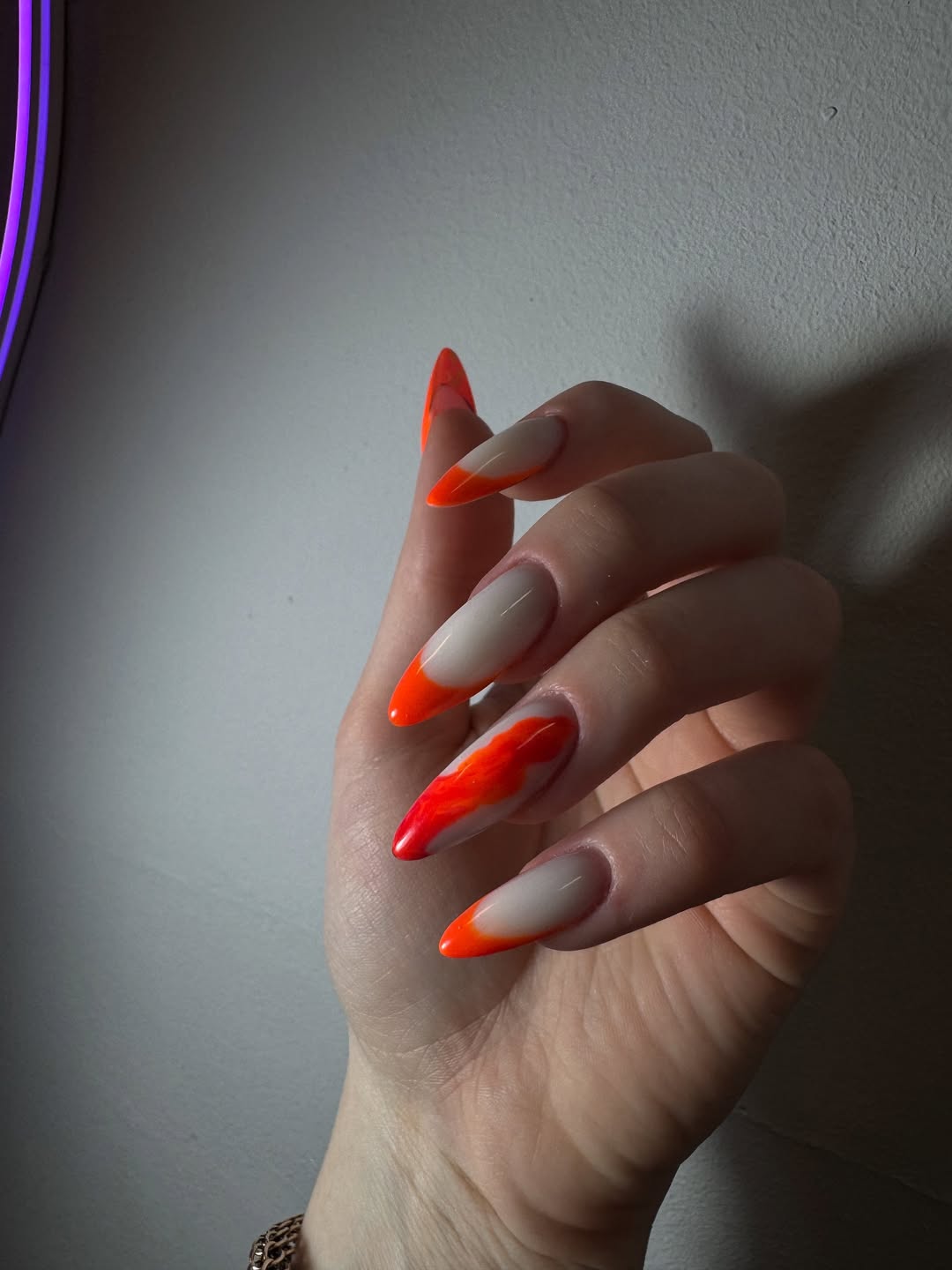 Vivid Orange and Red Blaze Almond French Tips