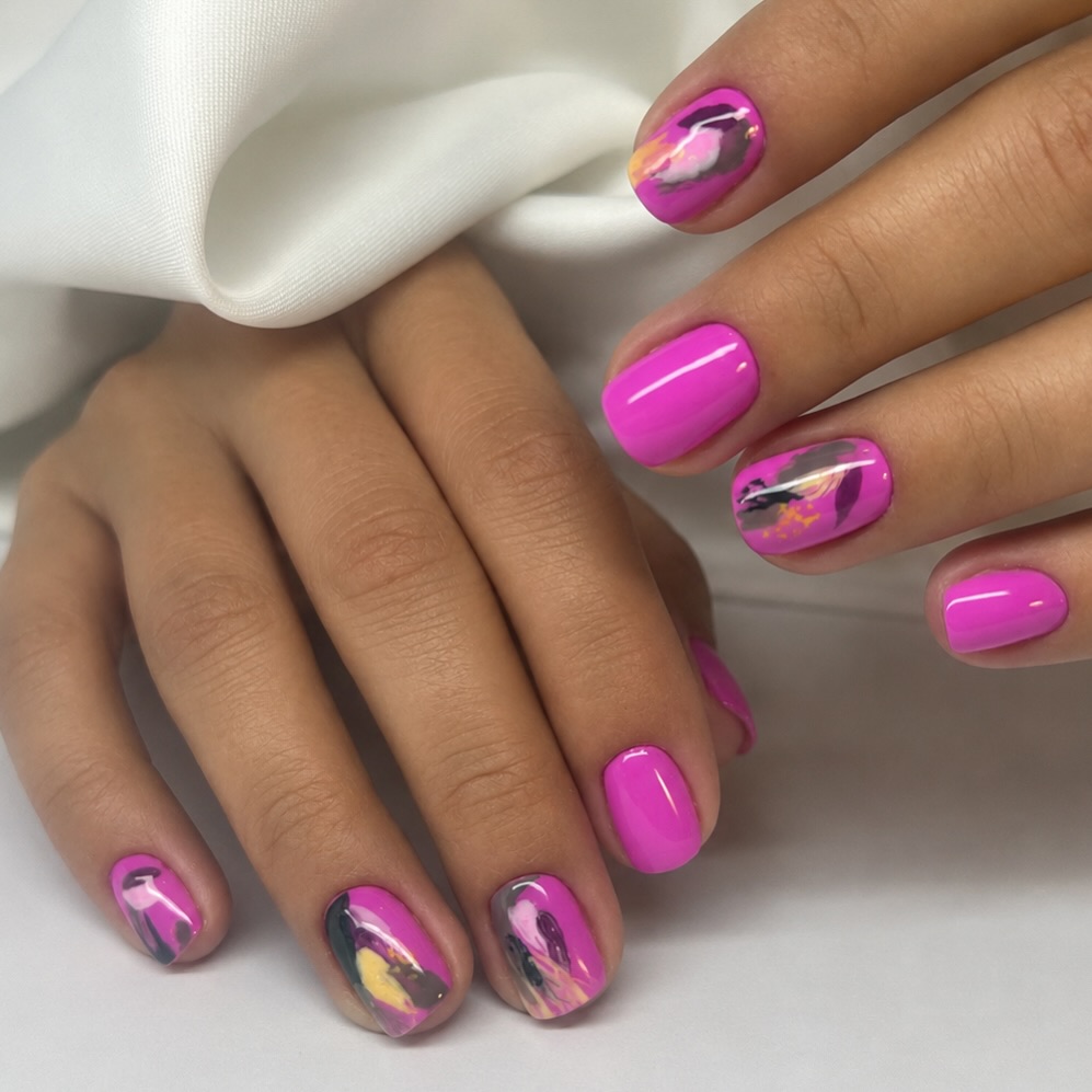 Vivid Pink Abstract Art Short Oval Nails