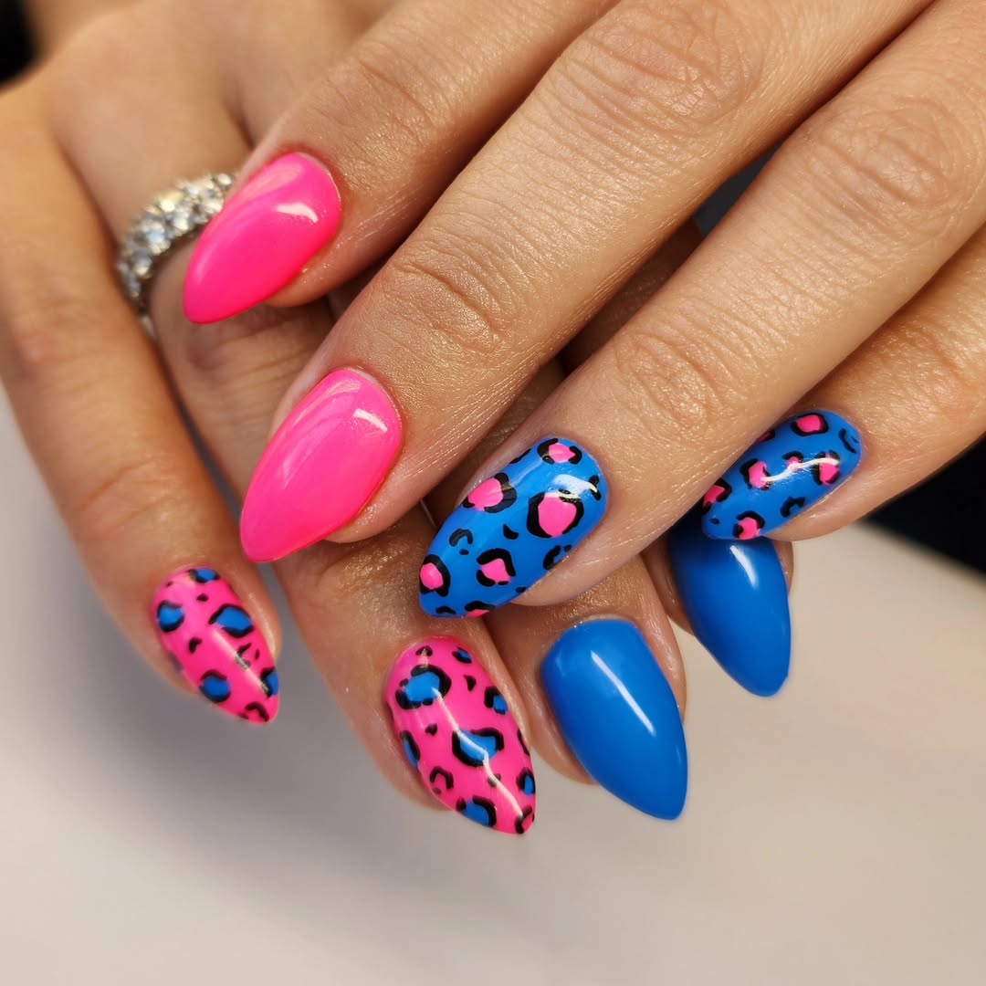 Vivid Pink and Blue Leopard Print Stiletto Nails