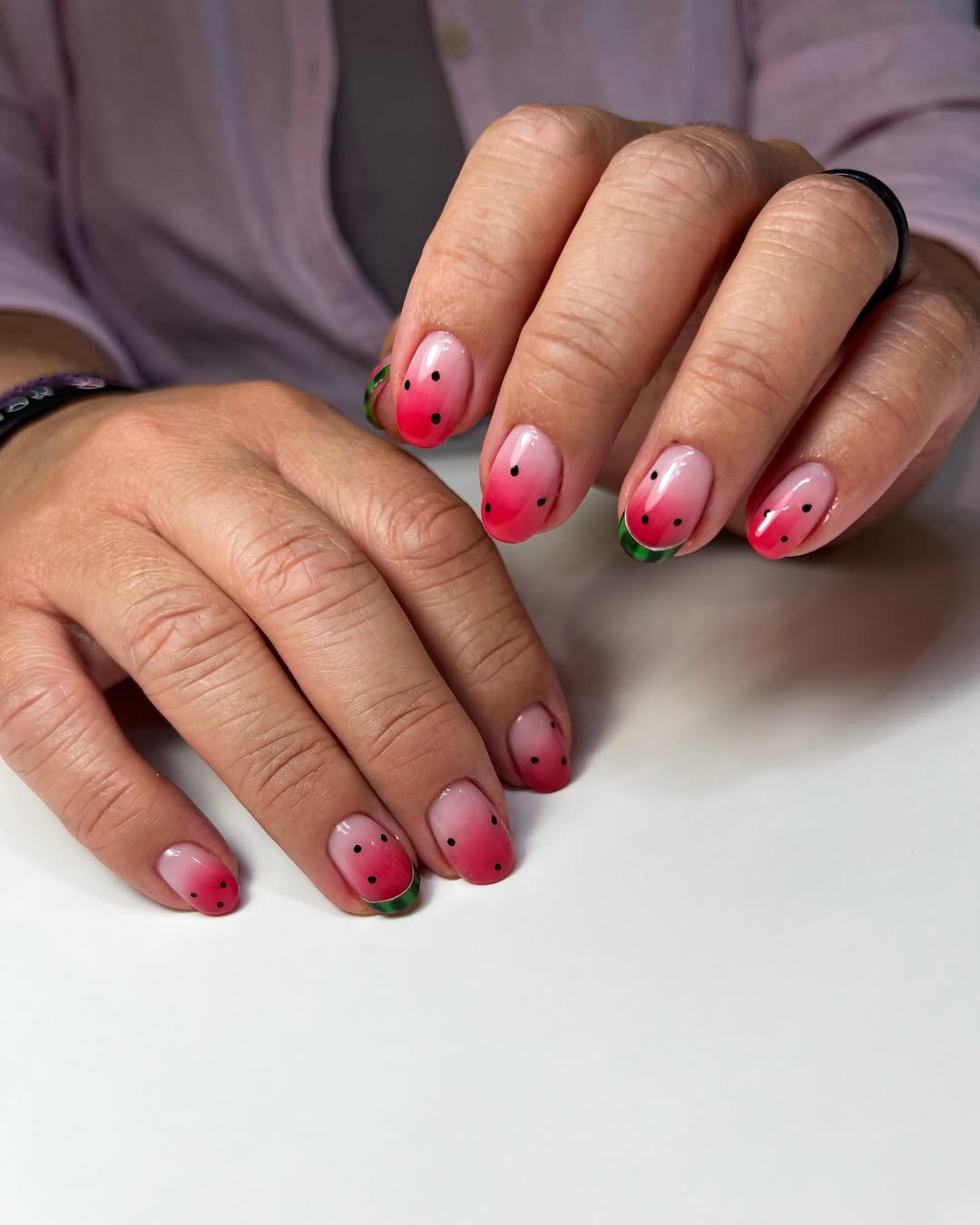 Watermelon Ombre Pink Green Glossy Short Oval Nails