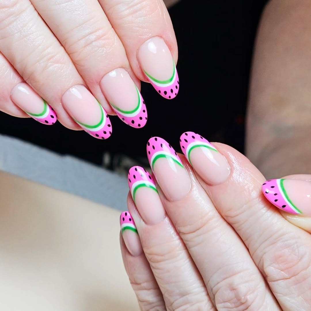 Watermelon Pink French Tips Almond Nails