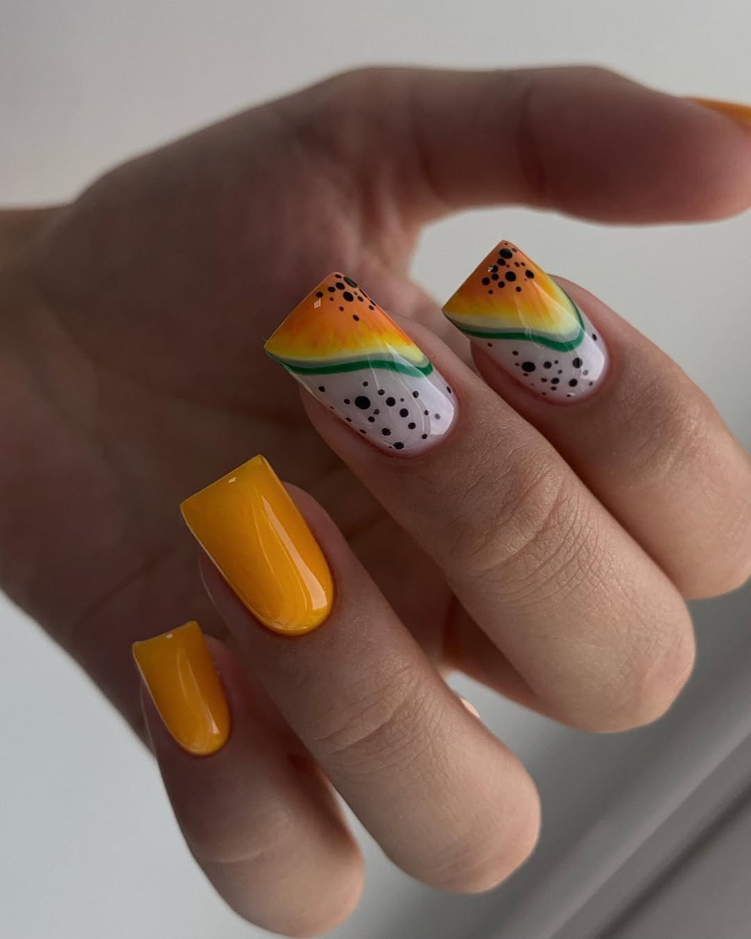Watermelon Slice and Solid Yellow Square Nails